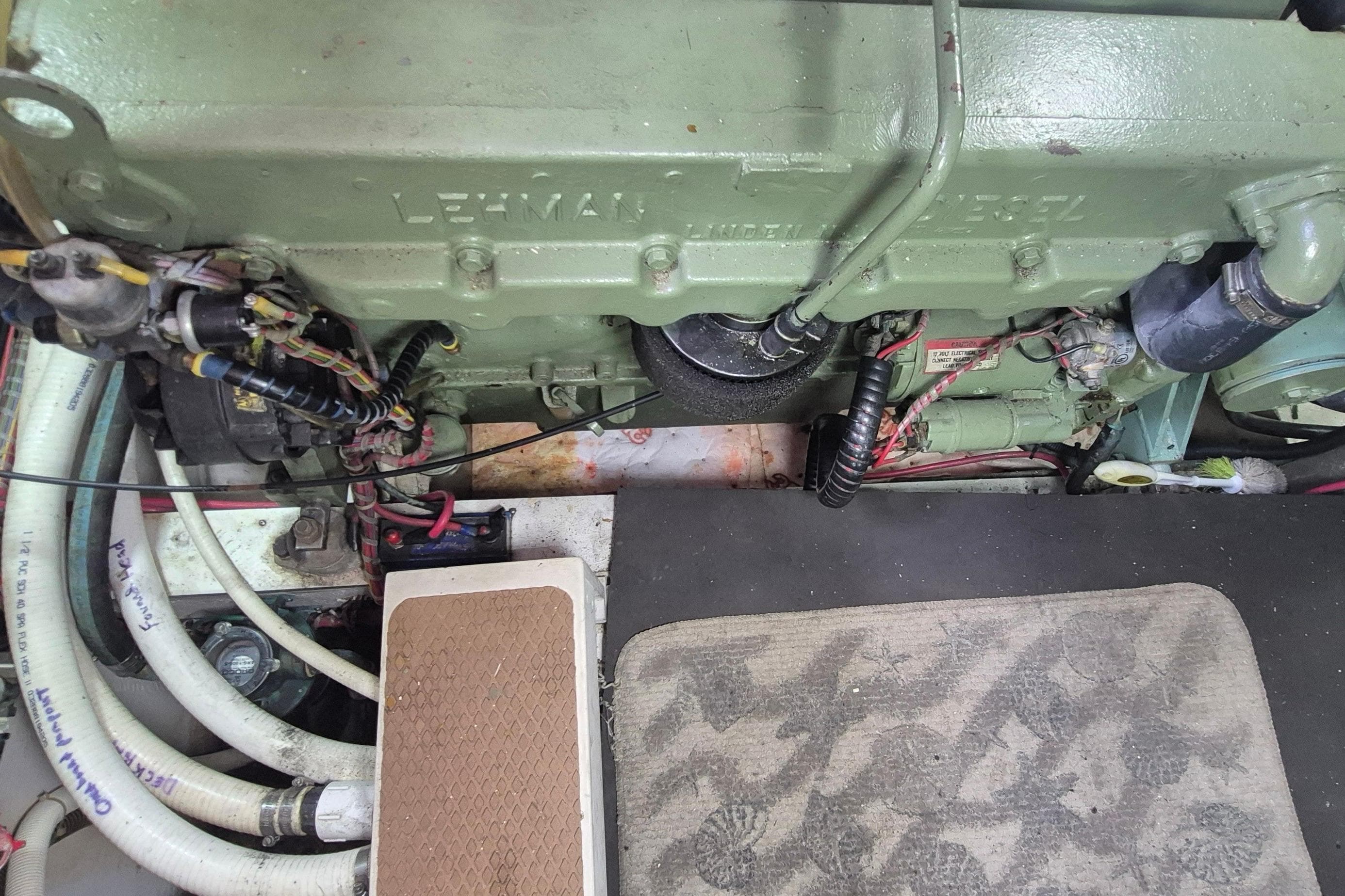 Engine compartment of a 1983 Grand Banks 42 Motoryacht with Lehman diesel engine.