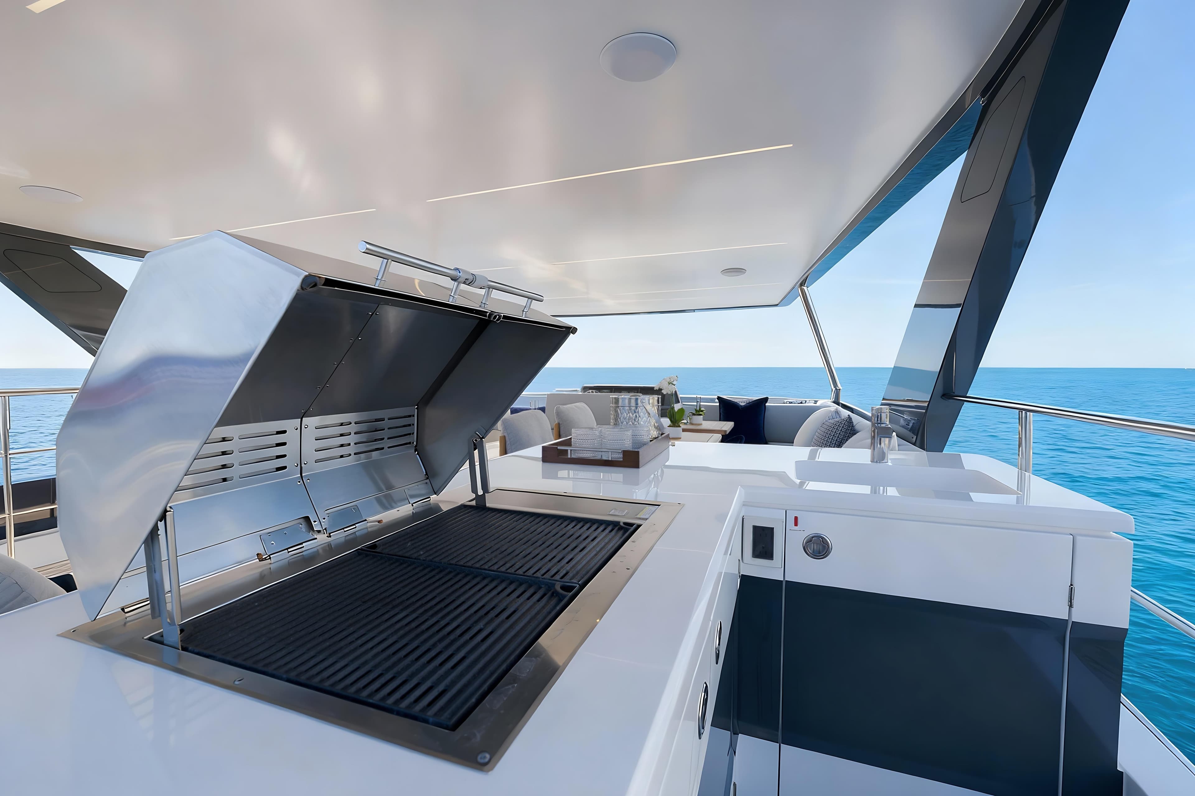 Luxury Oceanwalker S60e yacht with outdoor grill and ocean view, 2026 model.