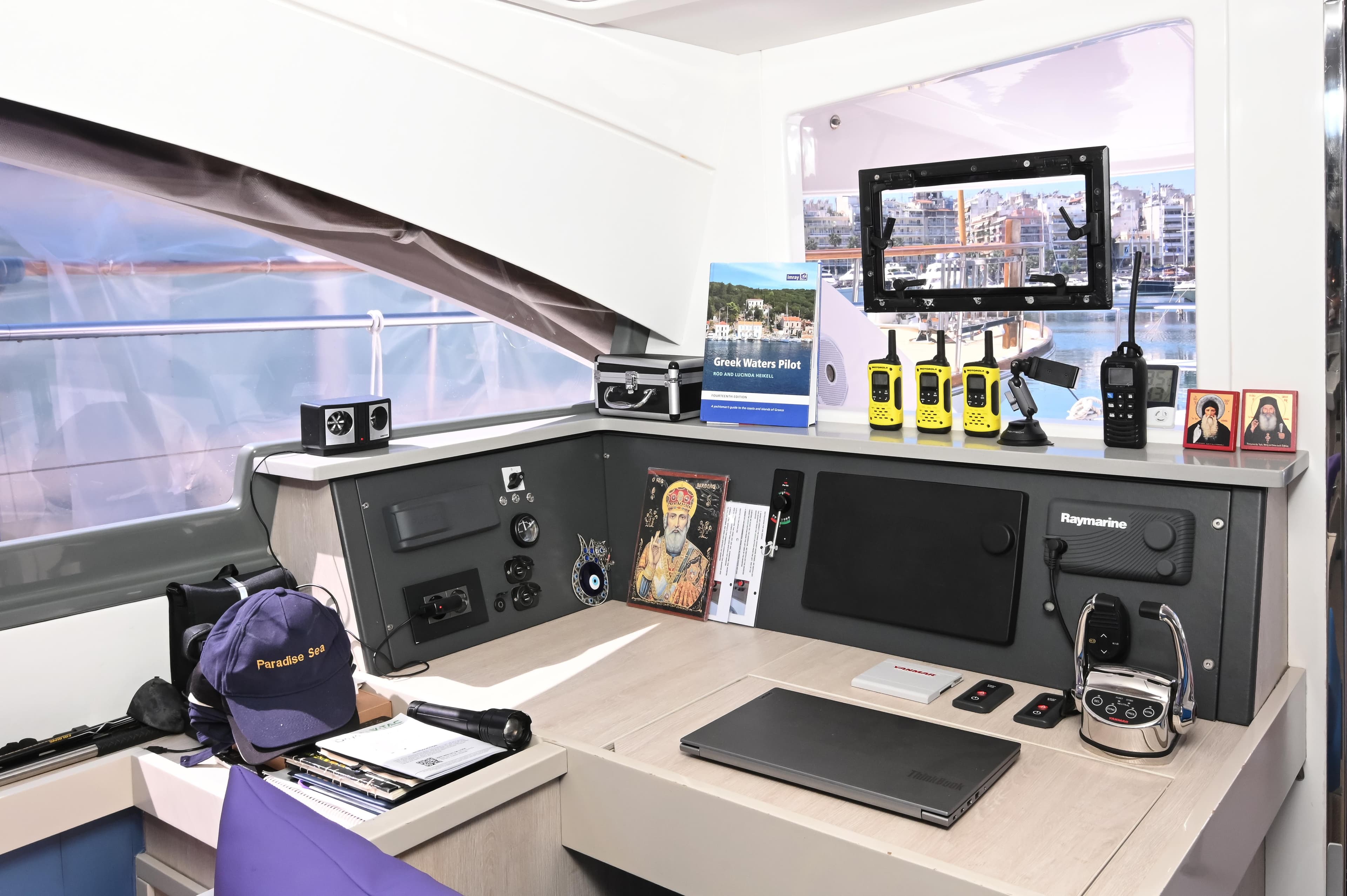 2017 Leopard 51 Powercat helm with navigation equipment and communication devices.
