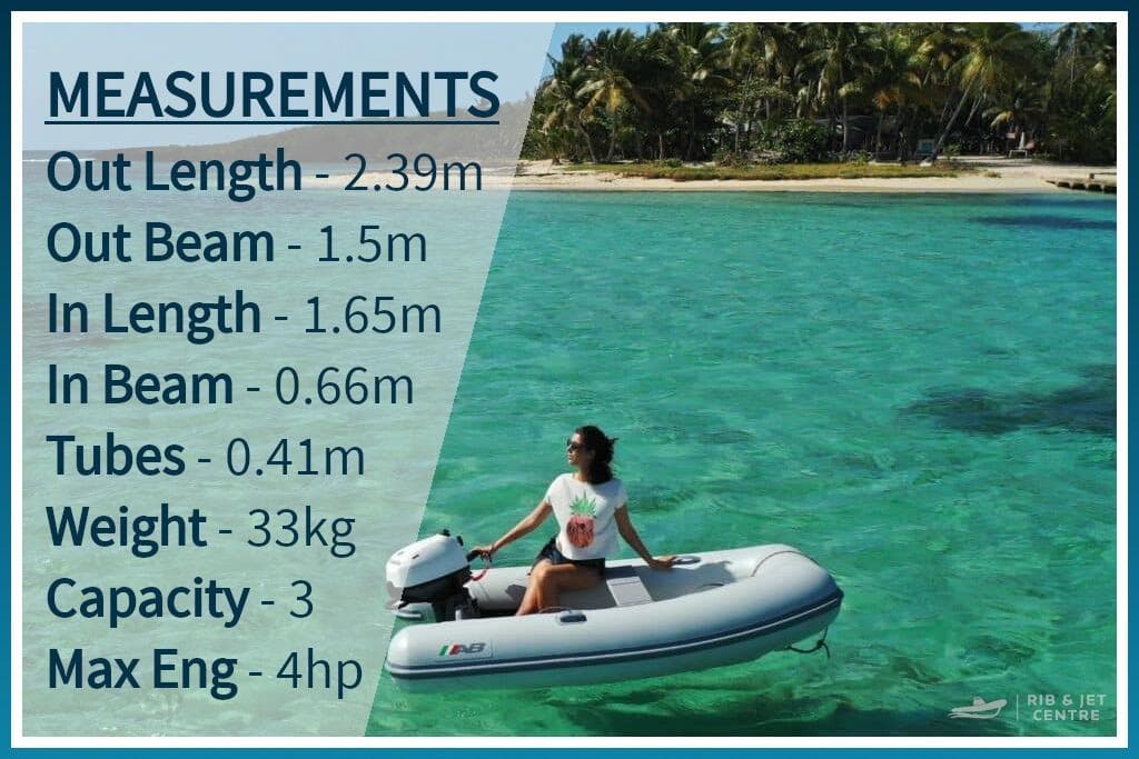 2024 AB Inflatables Lammina 7.5 UL boat on turquoise water, with specifications listed.