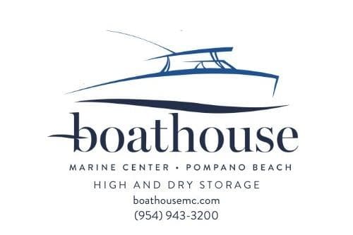 Boathouse Marine Center logo with contact details, Pompano Beach, high and dry storage. Brig E 480, 2018.