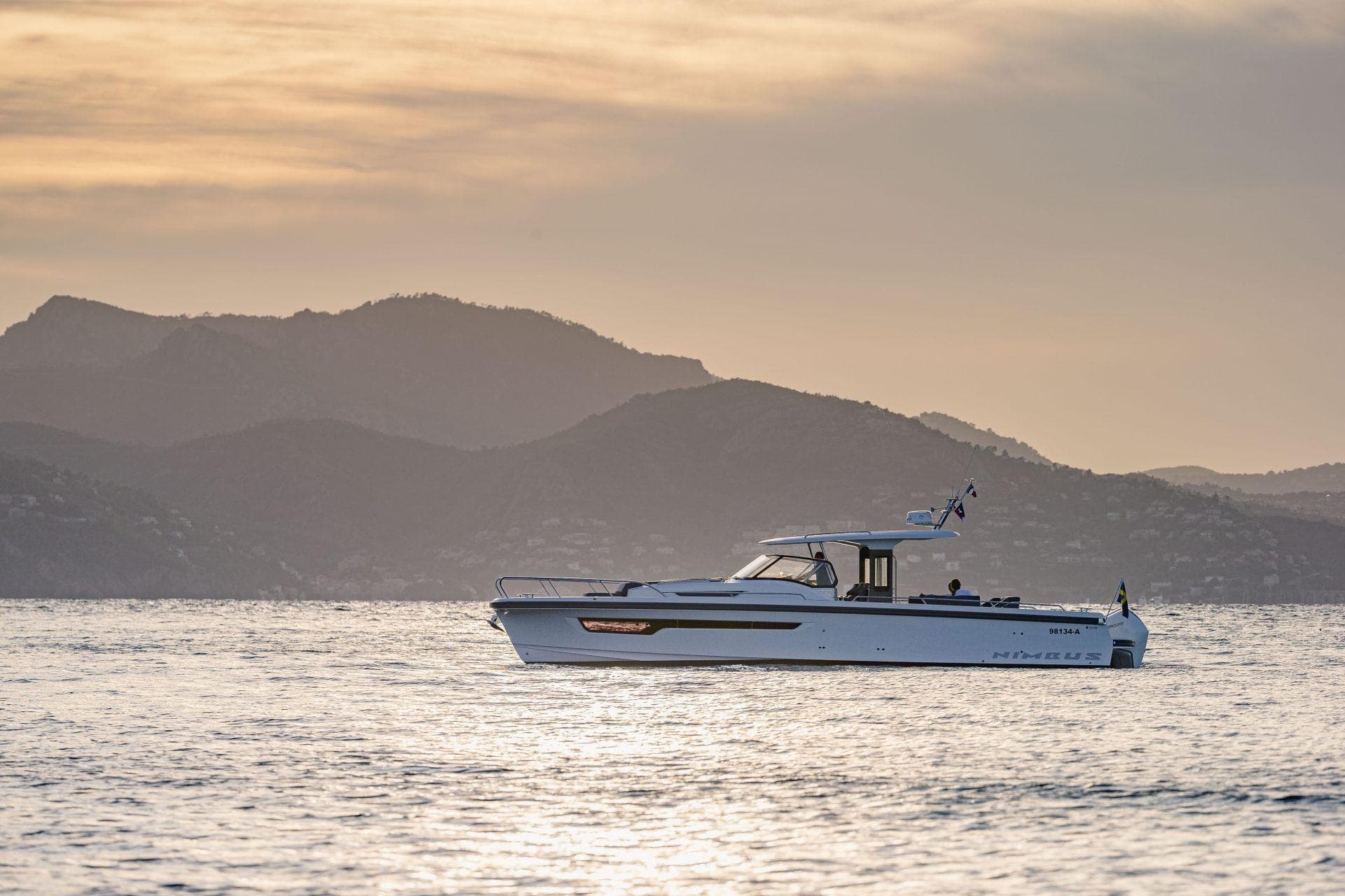 Nimbus Tender 11 boat 2025 at sunset on the sea.