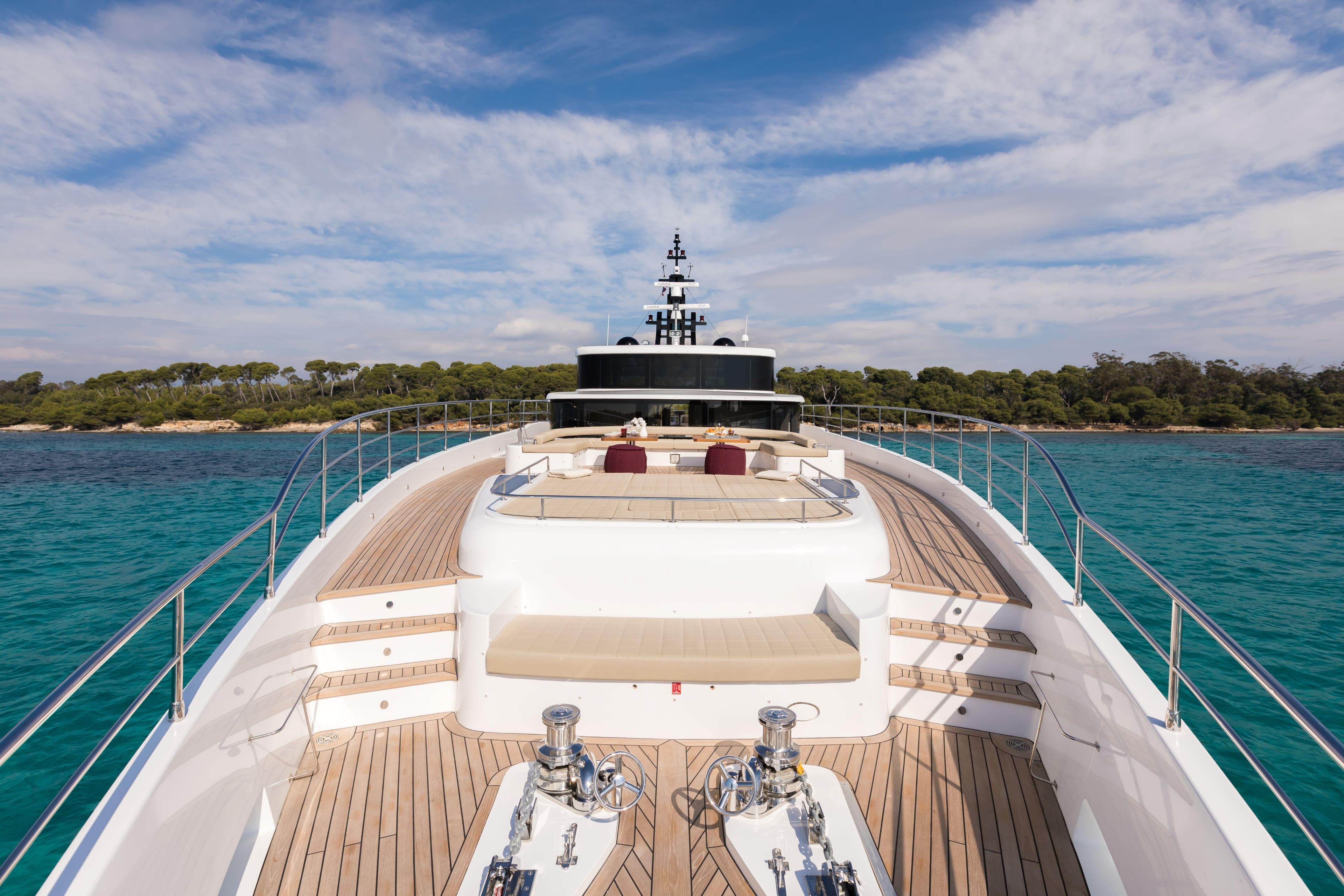 Luxurious 2025 Majesty 100 yacht on serene turquoise waters under a partly cloudy sky.