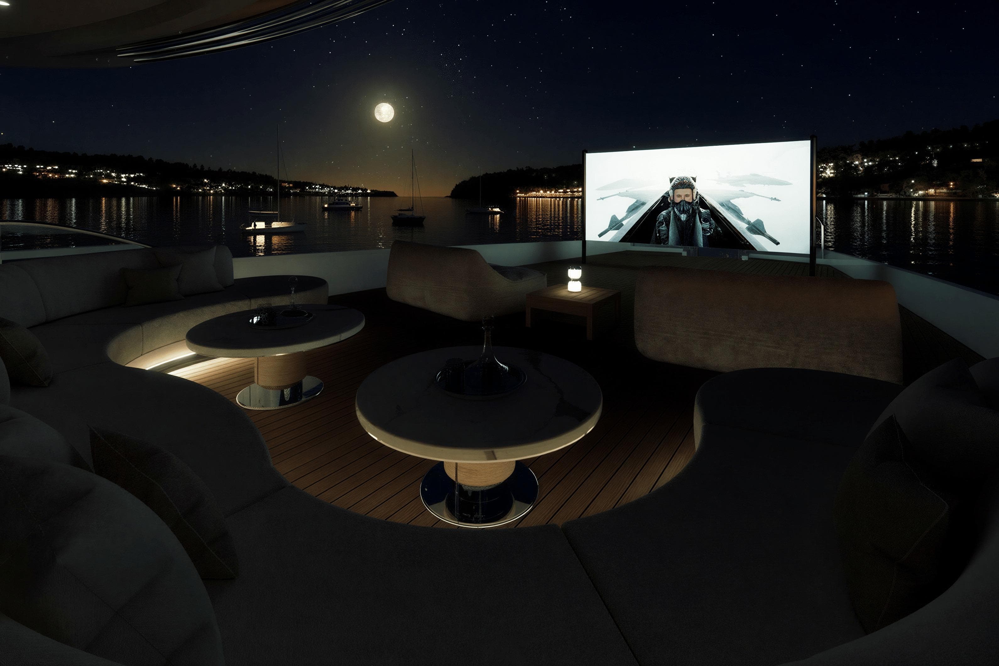Luxurious 2028 Mengi Yay Nuvolari Lenard yacht deck with moonlit view and outdoor cinema.