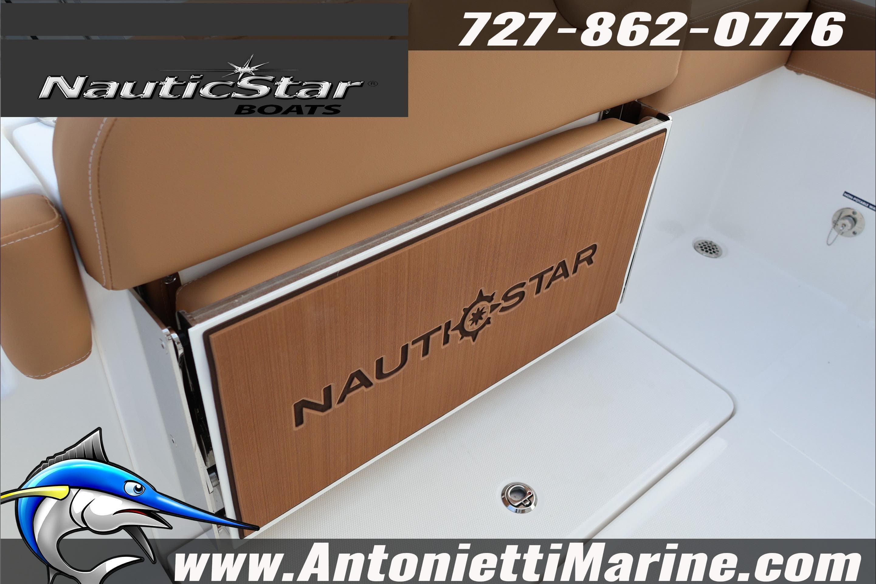 2026 NauticStar 222 Offshore boat seat with logo and contact details.