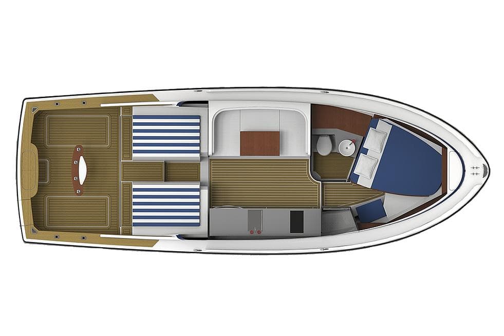 Manufacturer Provided Image: Top view of 2026 Bertram 35 Flybridge boat layout with striped seating.