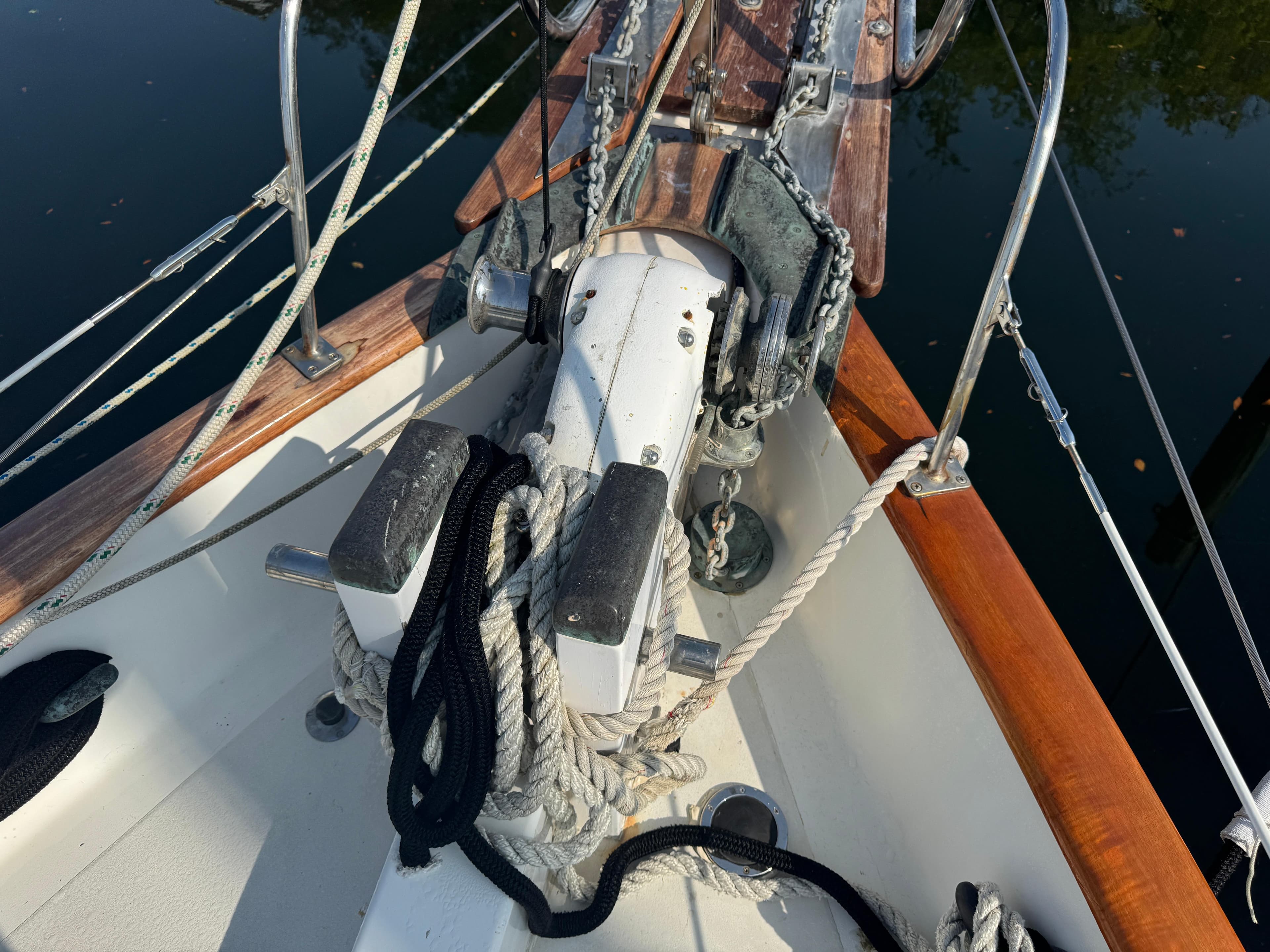 Bow of 1989 Hans Christian 43T sailboat with anchor and ropes.