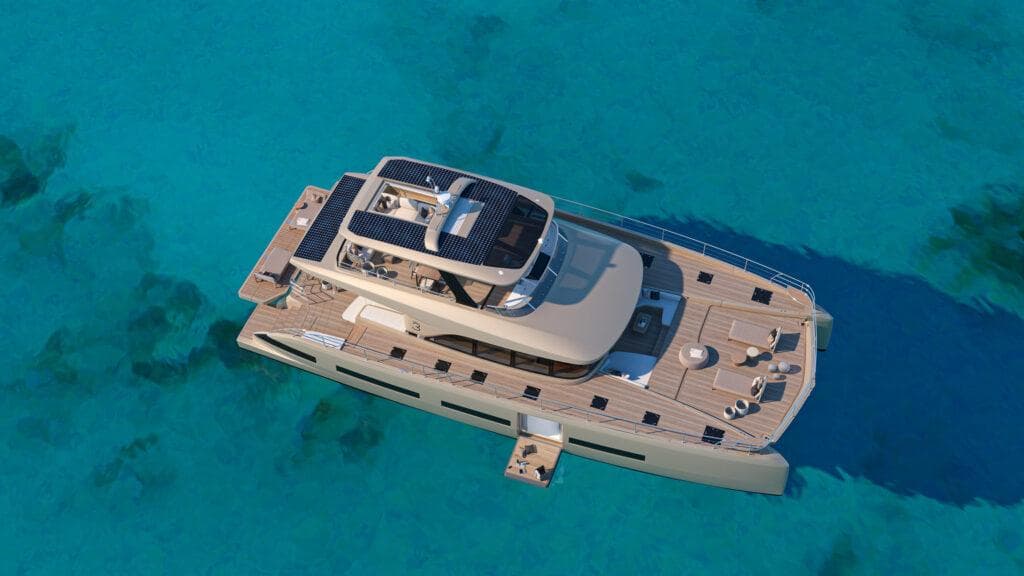 Luxury Lagoon 83 yacht, 2025 model, cruising on clear turquoise waters.
