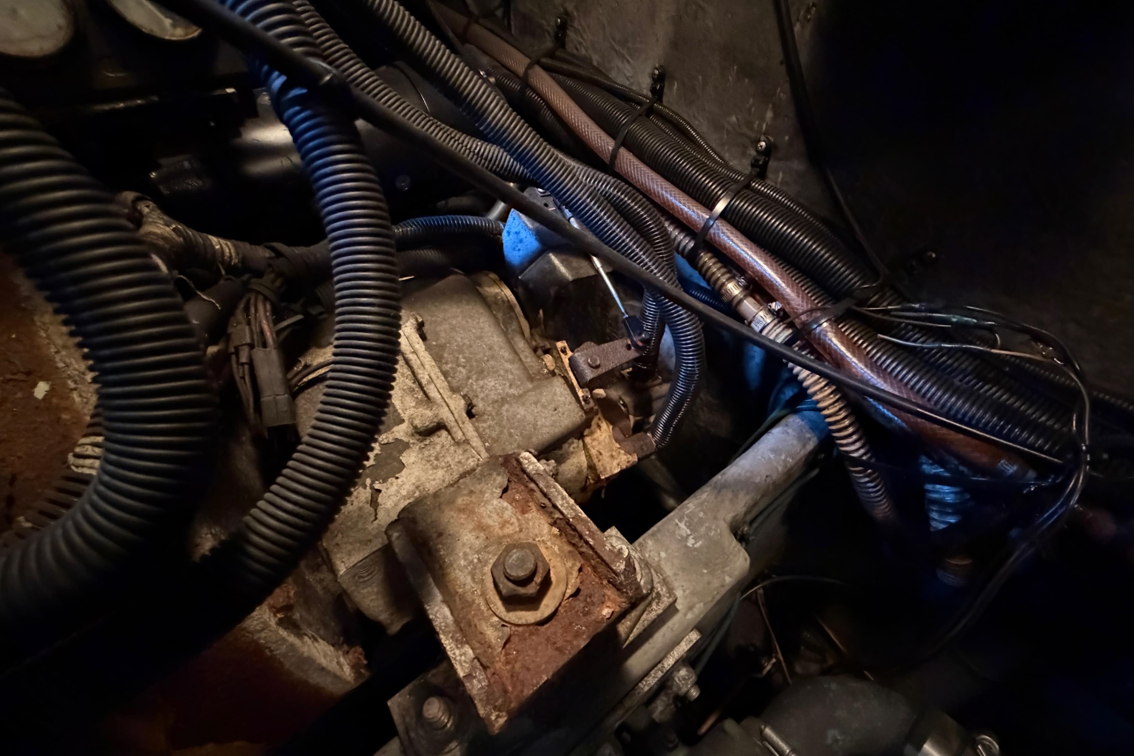 Engine compartment of a 1997 Sea Ray 370 Aft Cabin boat, showing wiring and components.