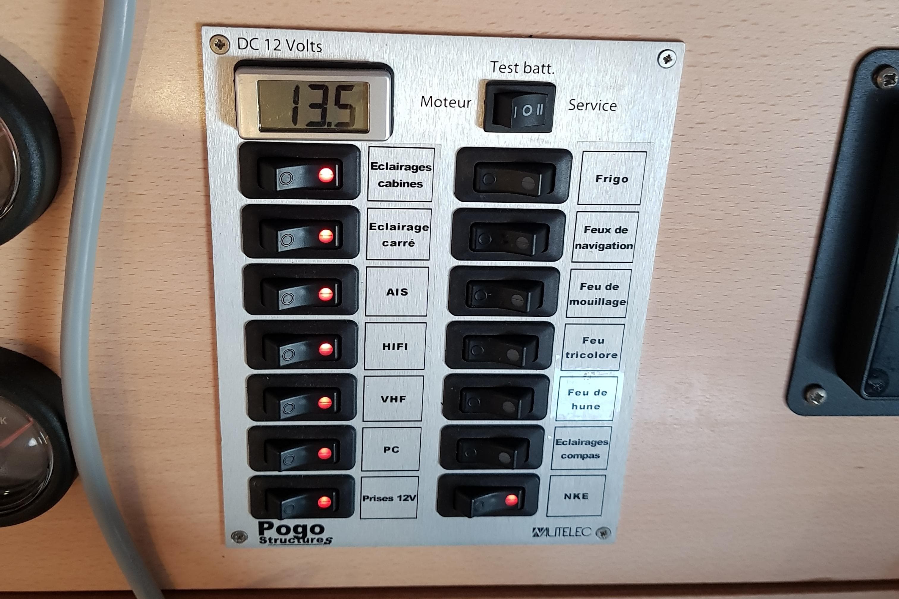 Electrical control panel on a 2017 Pogo 1250 boat, displaying 13.5 volts.