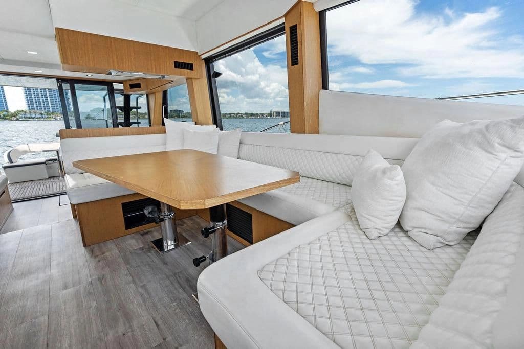Interior of 2019 Galeon 500 Fly yacht with luxurious seating area.