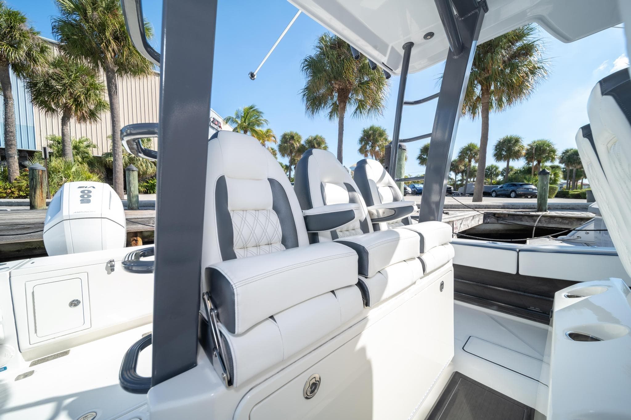 2022 World Cat 400 CC-X boat interior with luxurious seating and modern design.