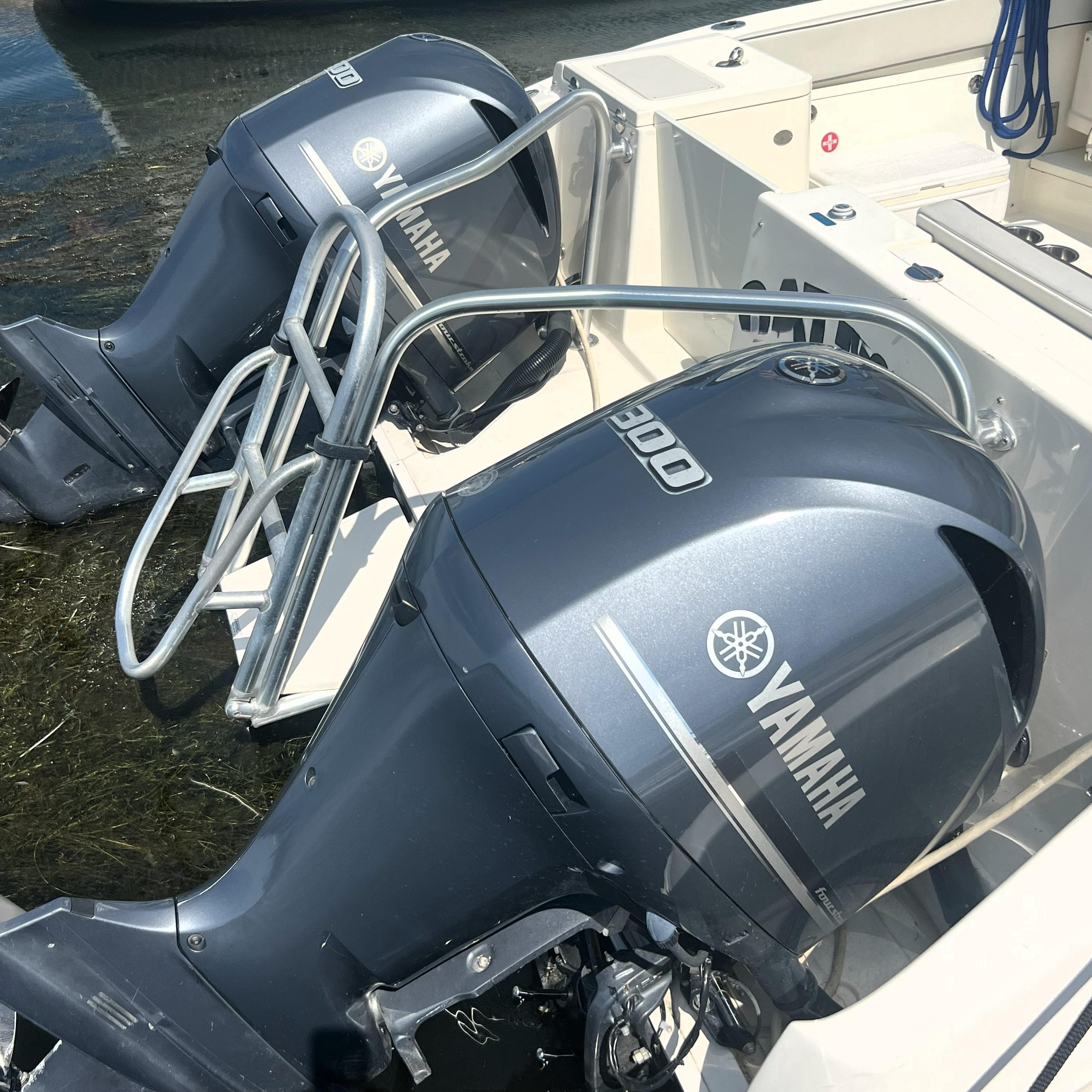 Twin Yamaha 300 outboard engines on a 2016 World Cat 320 DC boat.
