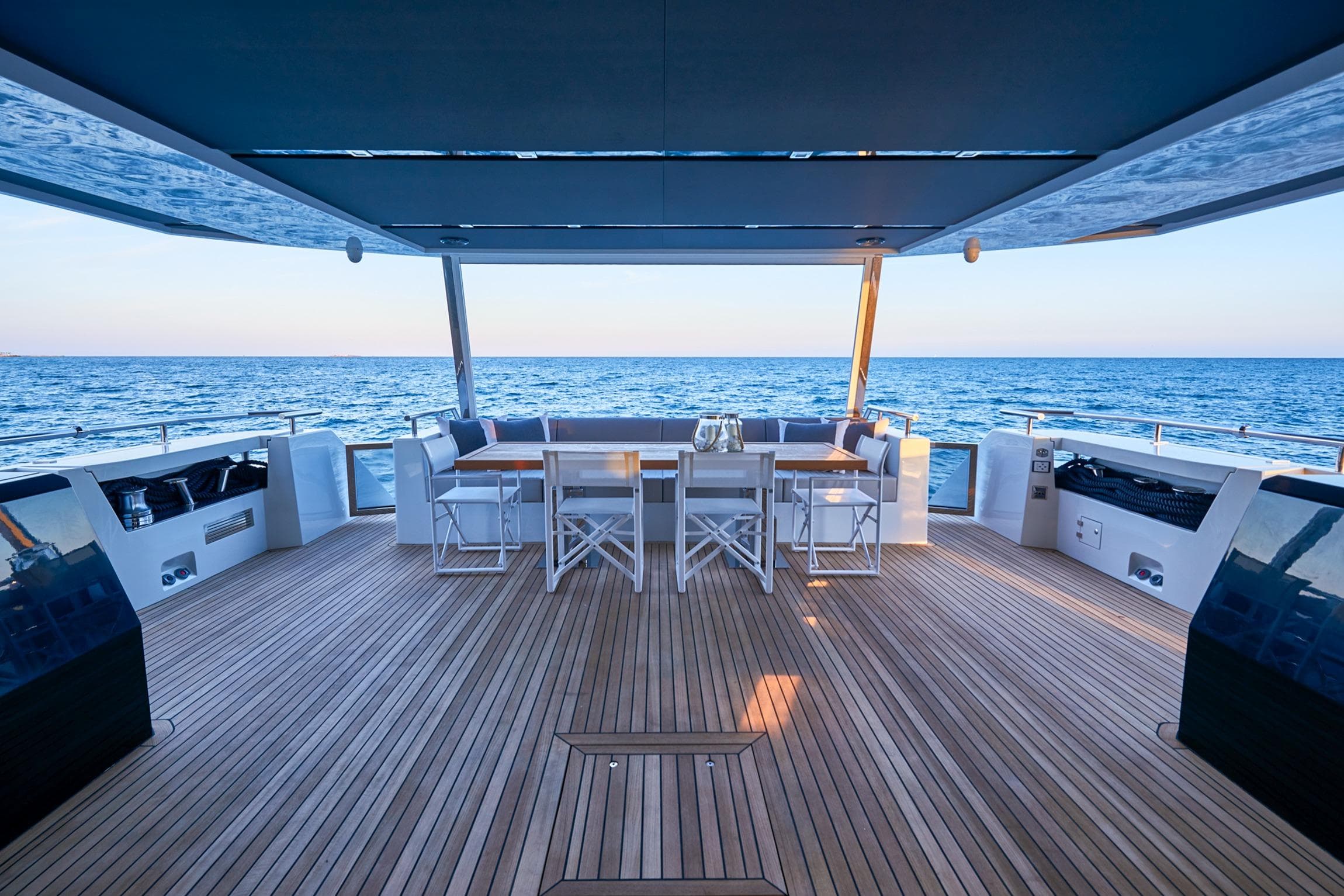Luxurious 2025 Astondoa Century 100 yacht deck with ocean view and elegant seating.