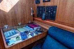 2003 Hunter 356 yacht interior with navigation station and control panels.