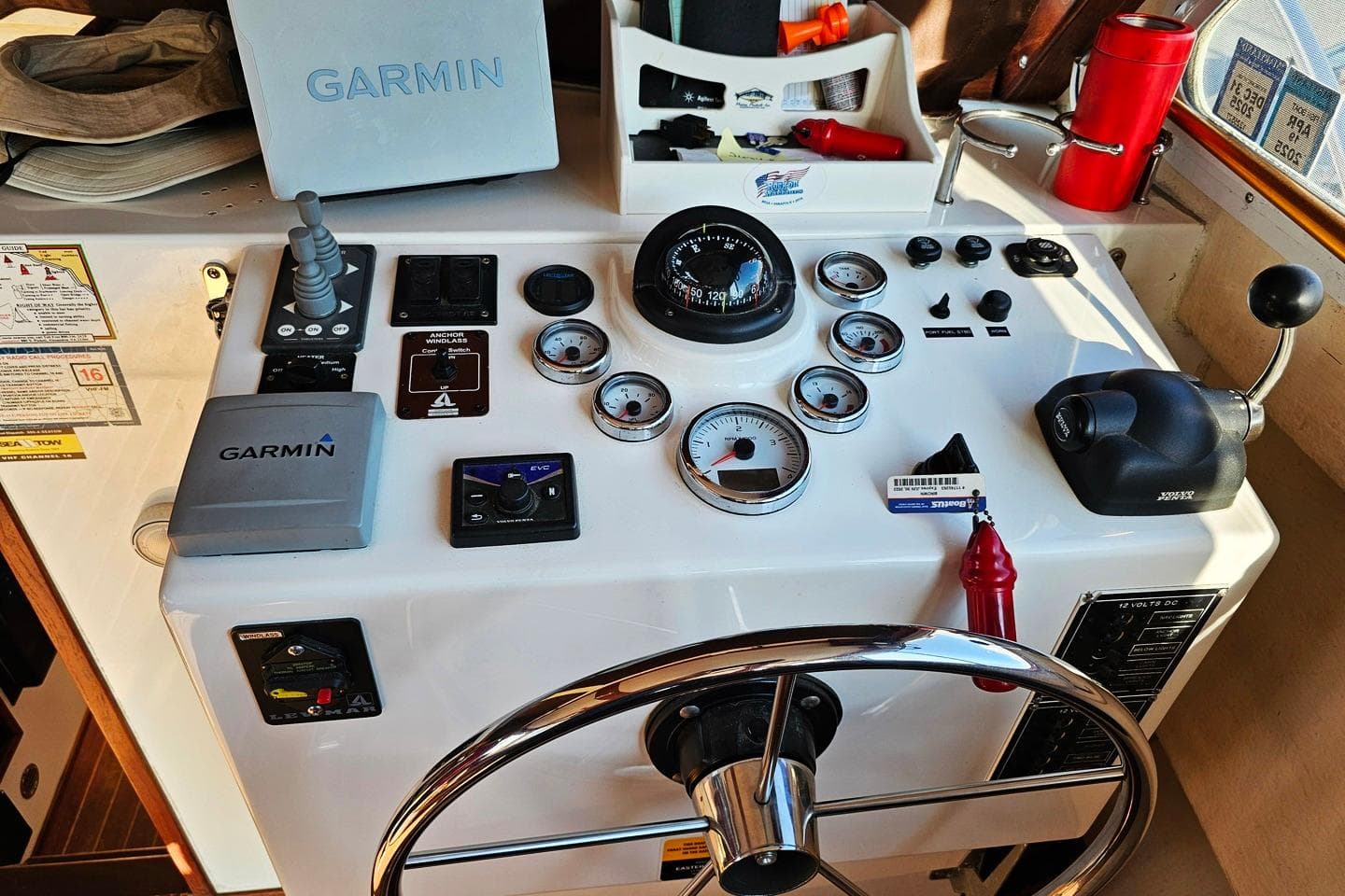 Control panel of a 2010 Eastern Casco Bay 35 boat with Garmin navigation equipment.