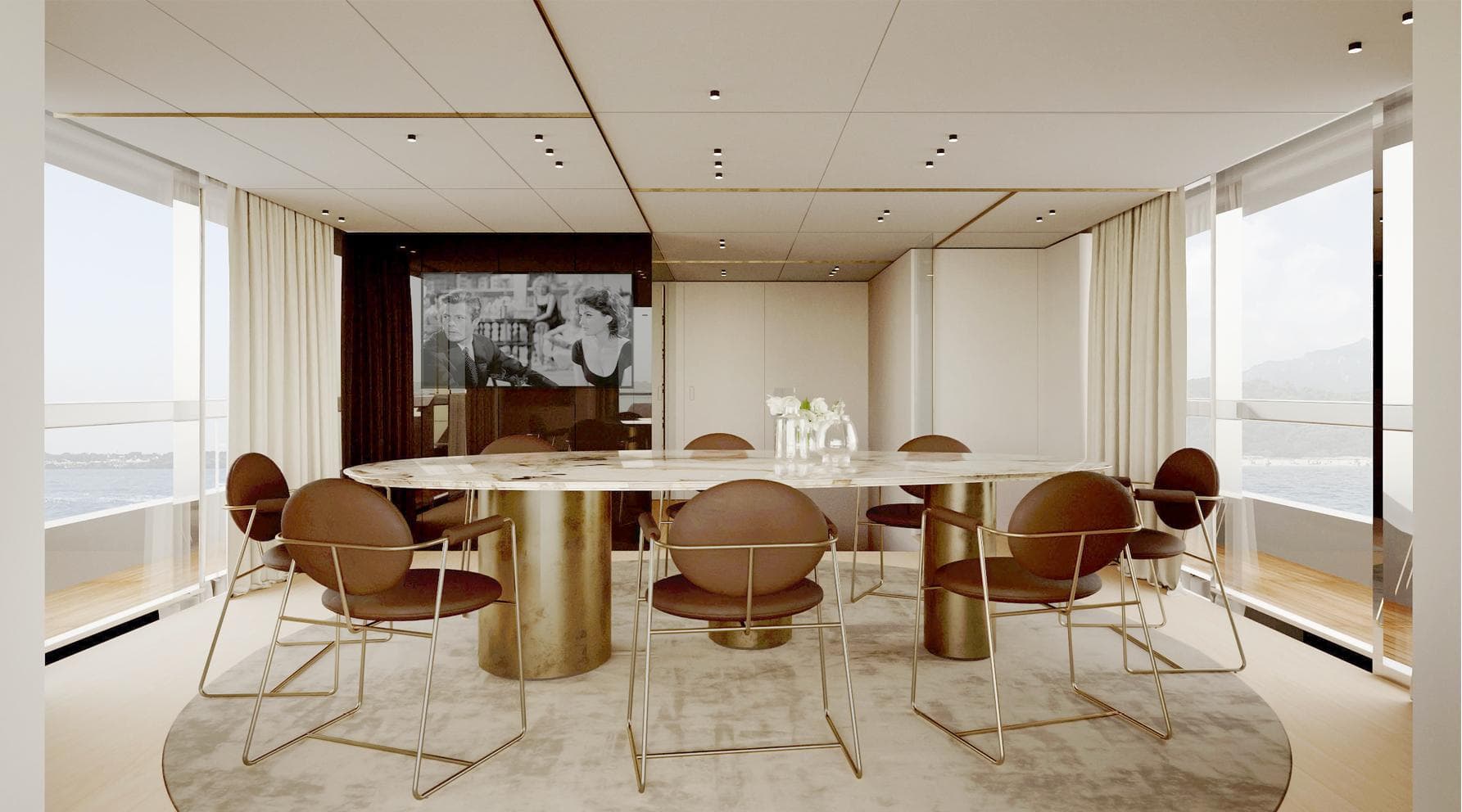 Luxurious dining area on Ocean King Doge 350 yacht, 2027 model, featuring elegant decor and modern furnishings.