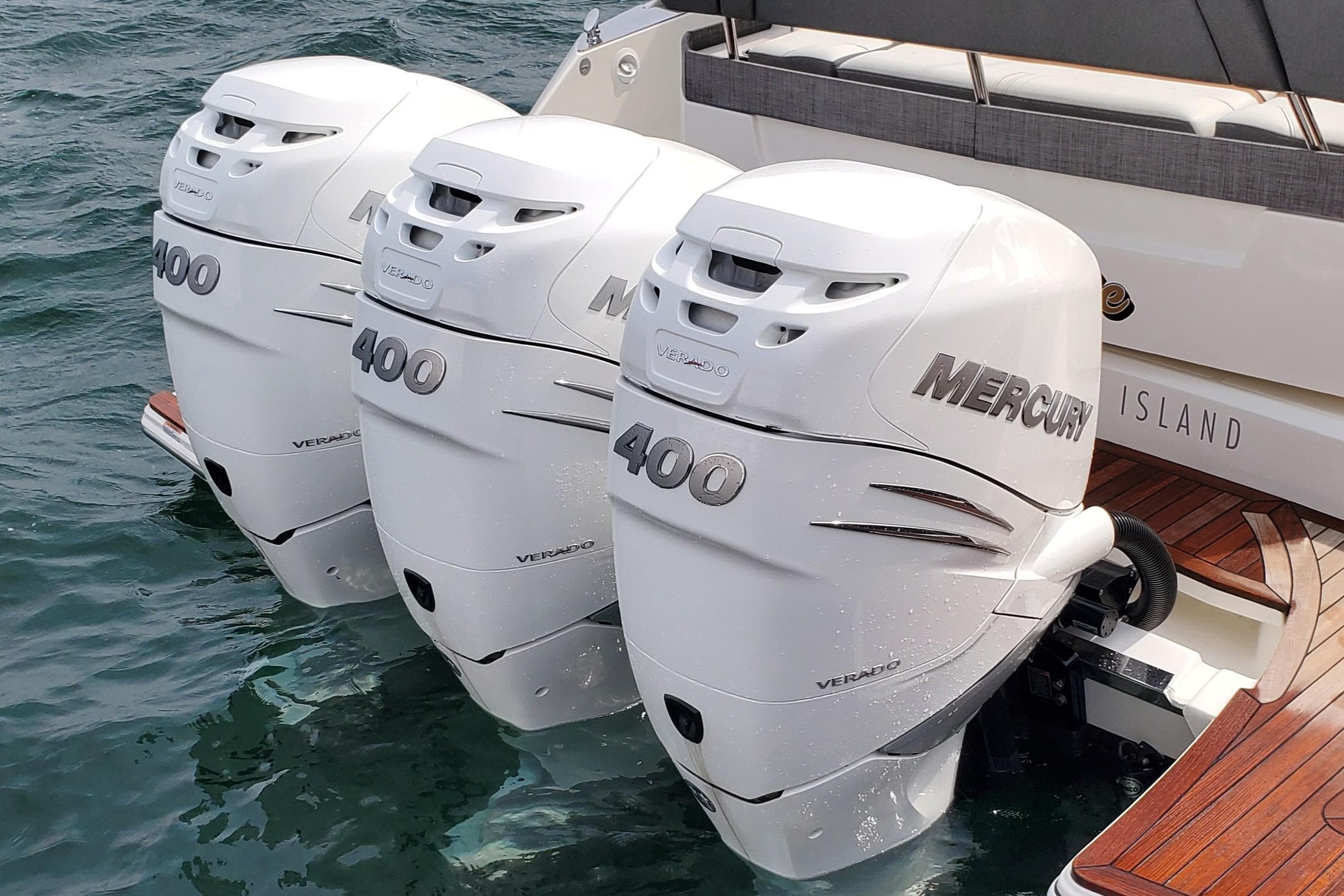 Triple Mercury Verado 400 outboard engines on a 2021 Tiara Sport 38 LS boat.