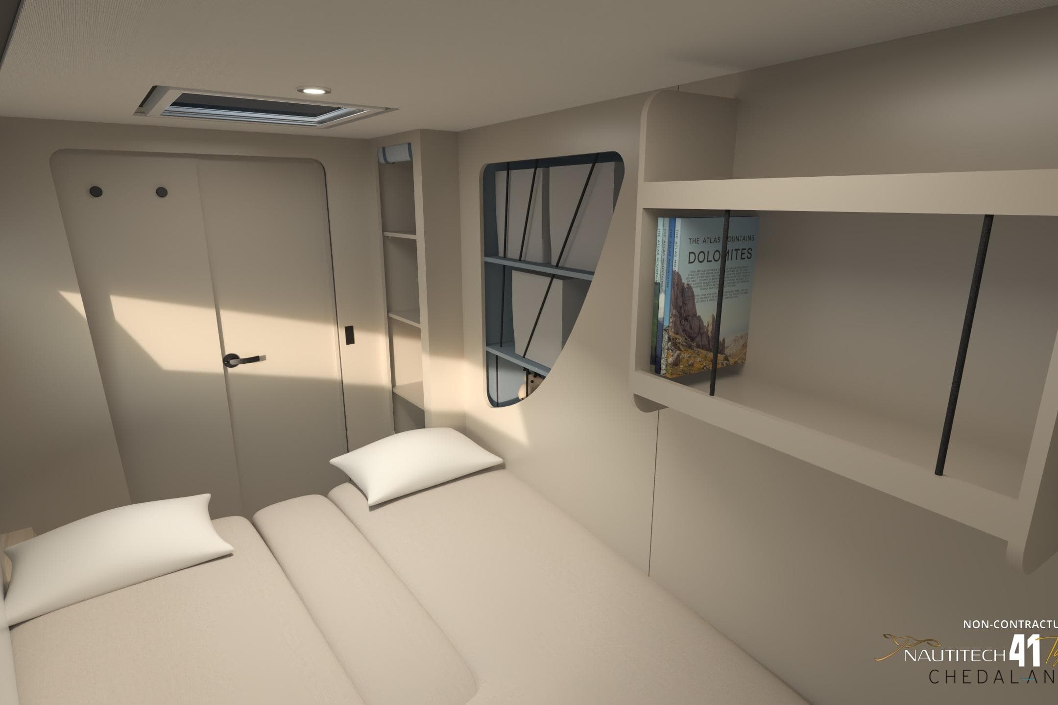 Interior of Nautitech 41 Type S 2026 with bed and bookshelf.