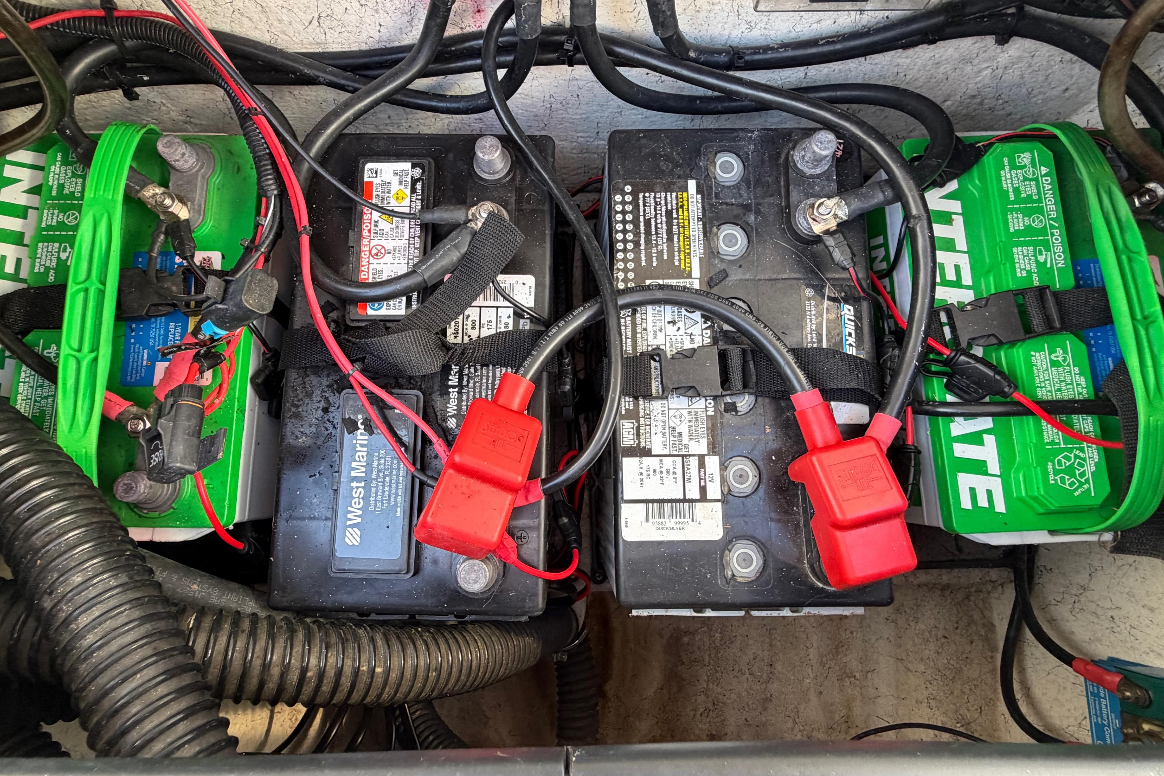 Batteries and wiring in a 2022 Glasstream 328 Pro-XS boat.