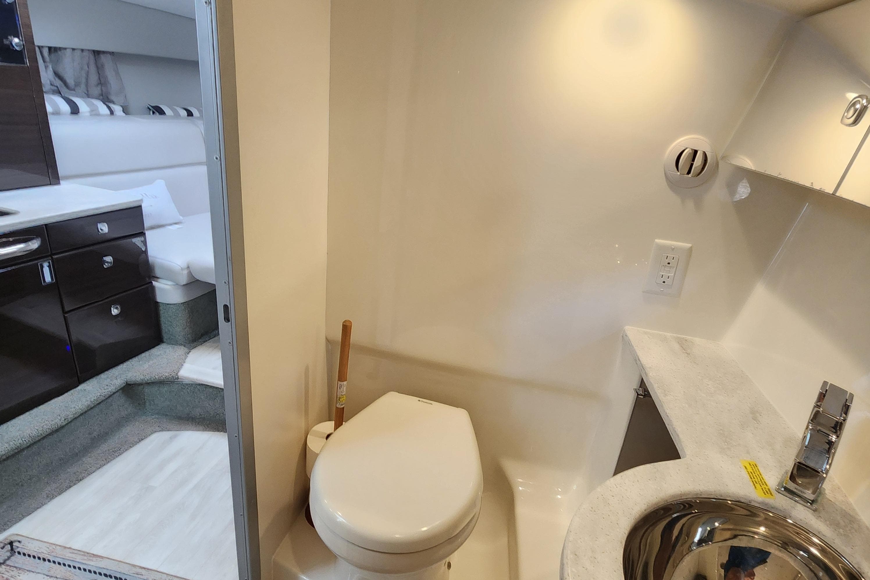 2017 Formula 370 Super Sport yacht interior bathroom with modern amenities.