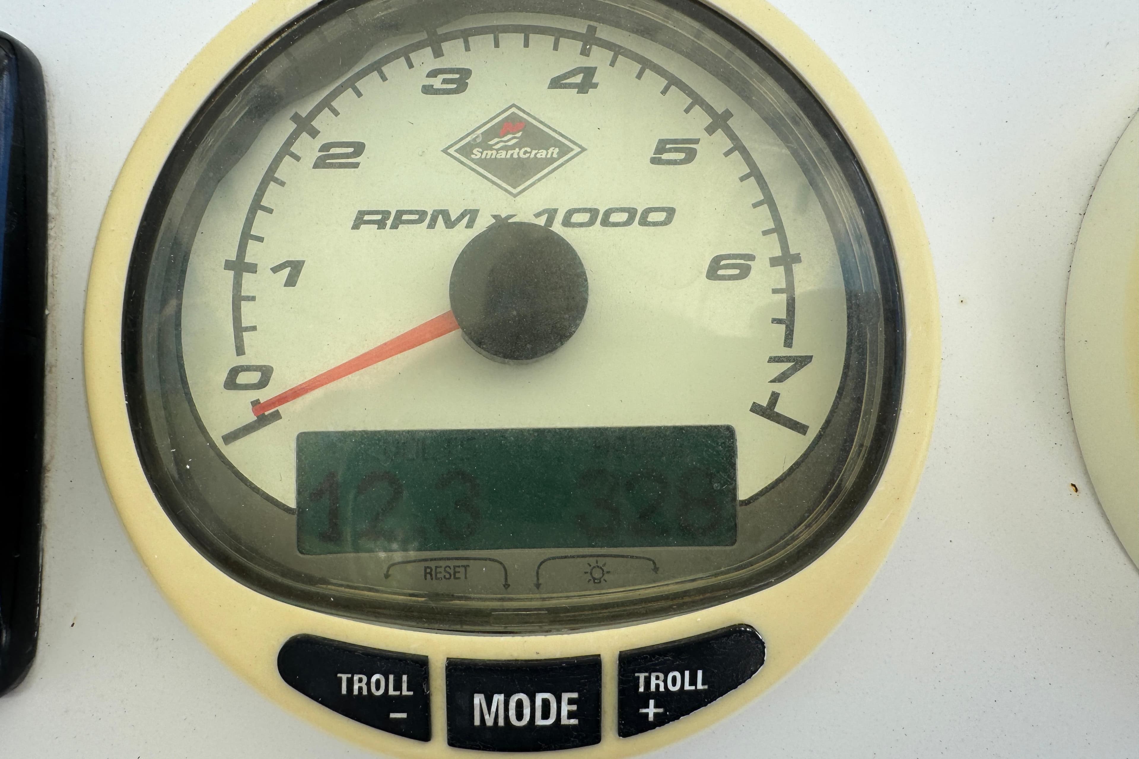 SmartCraft RPM gauge on 2014 Blackwater 36 Sportfish boat dashboard.