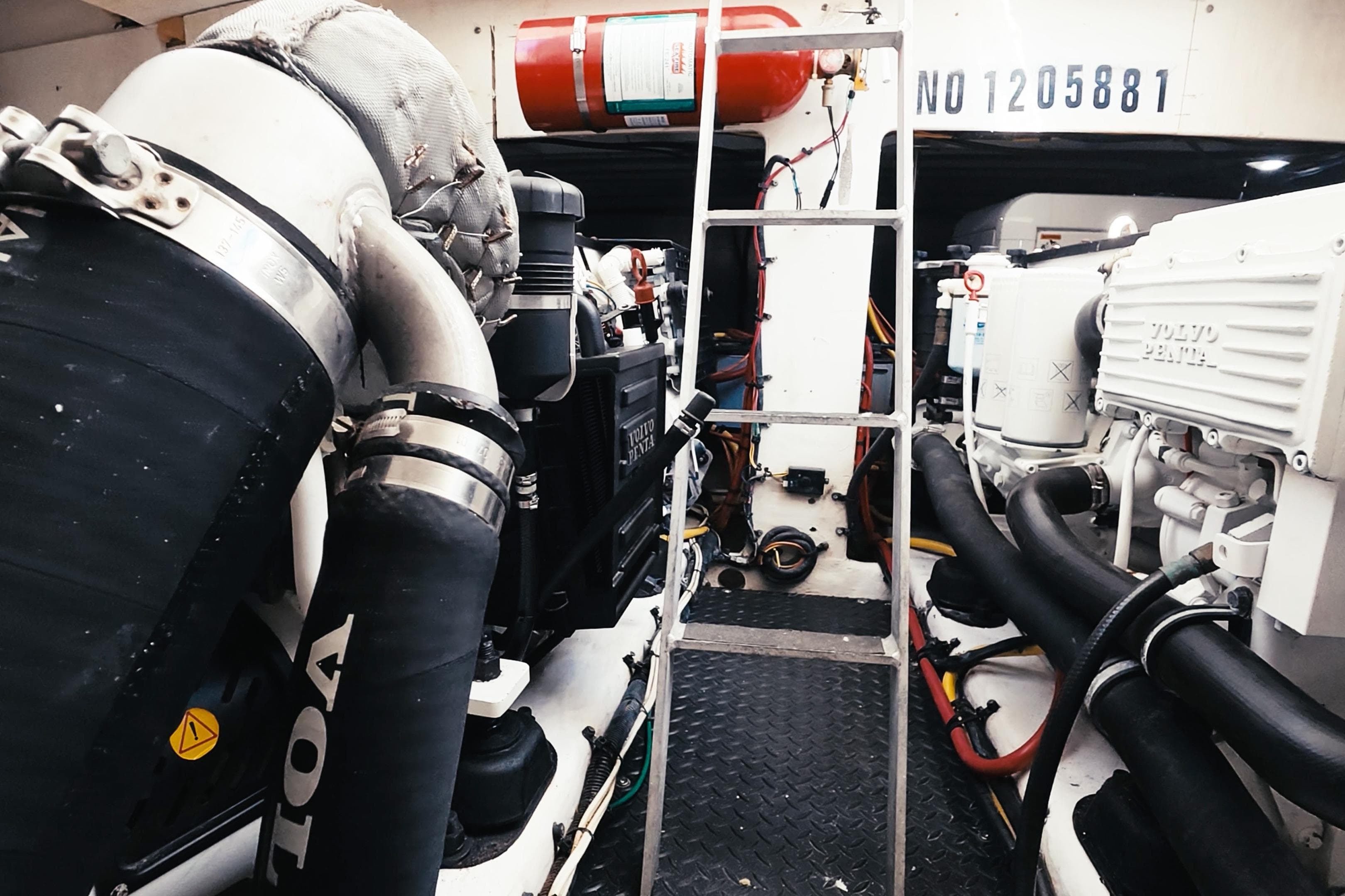 Engine room of a 2008 Silverton 43 Sport Bridge yacht with Volvo Penta engines.