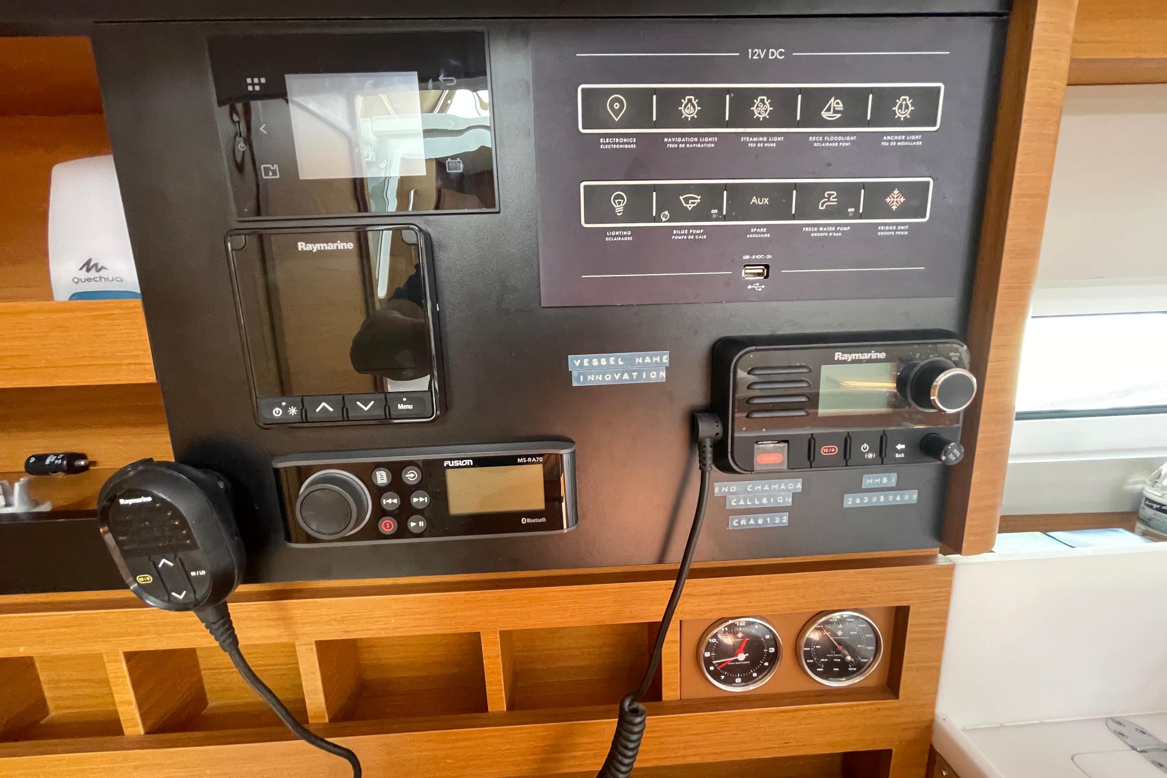 Control panel of a 2018 Jeanneau Sun Odyssey 440 sailboat with navigation equipment.