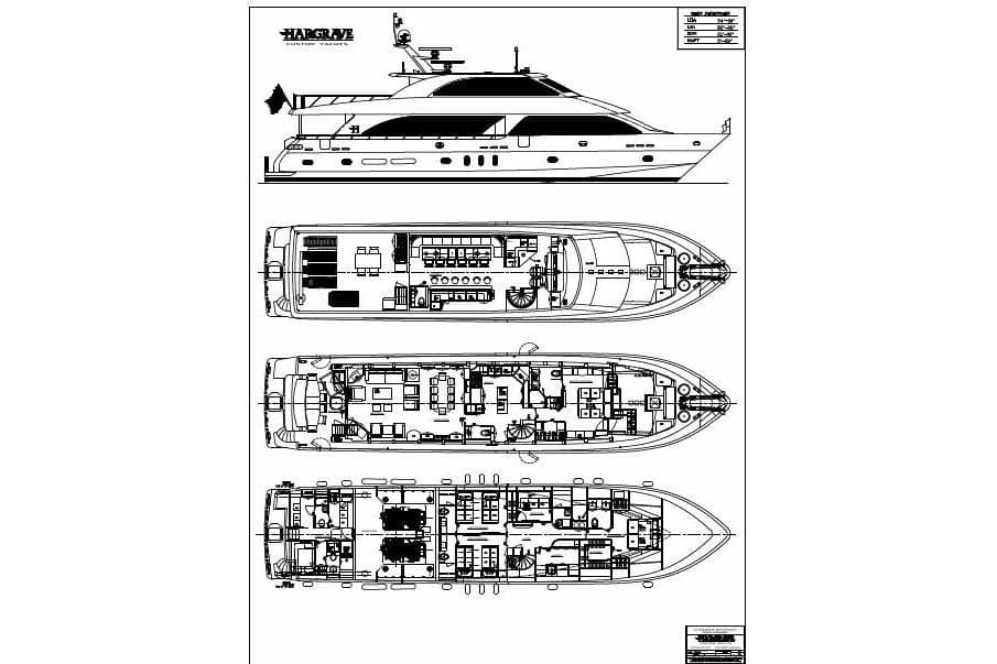Blueprint of 2014 Hargrave Sky Lounge yacht, showcasing detailed deck layouts and side profile.