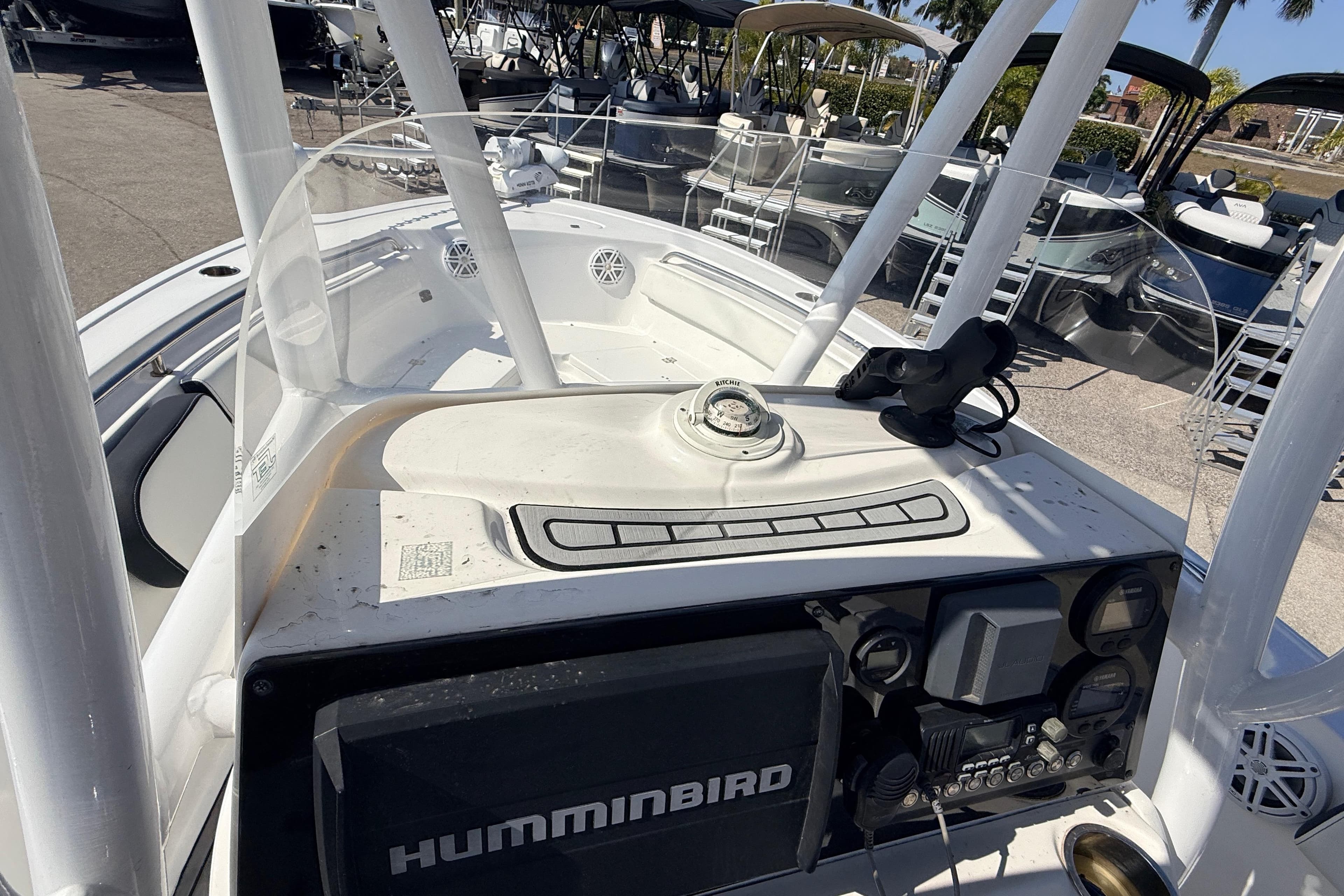 2021 Tidewater 210 LXF boat dashboard with Humminbird electronics and compass.