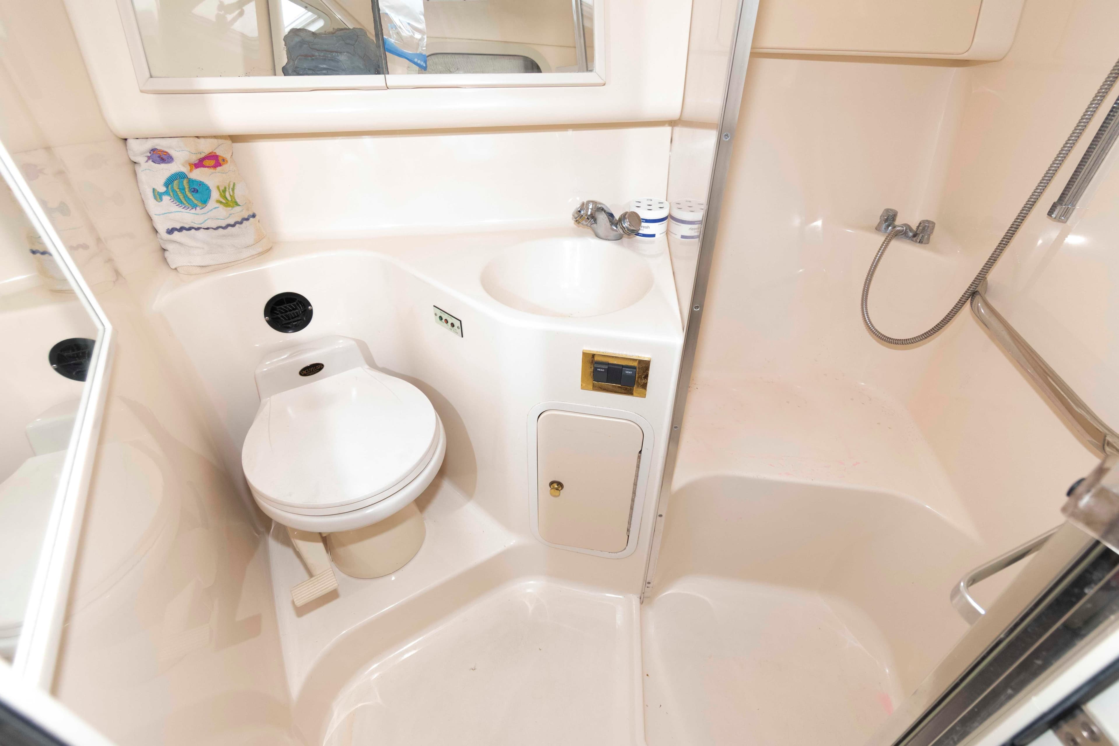 1999 Sea Ray 370 Sundancer bathroom with toilet, sink, and shower.