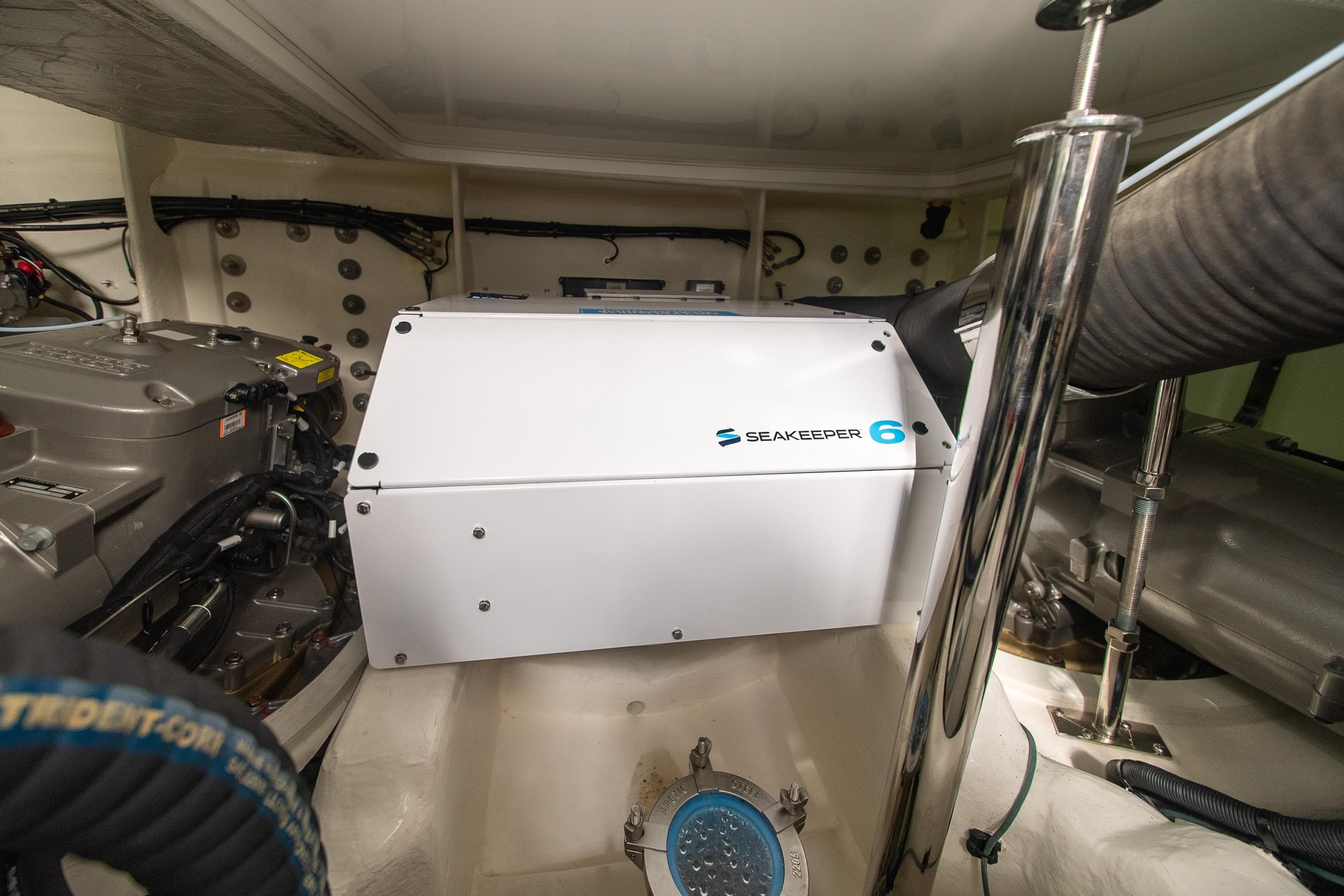 Engine room of 2026 Riviera 4600 Sport Yacht Platinum Edition with Seakeeper 6 stabilizer.