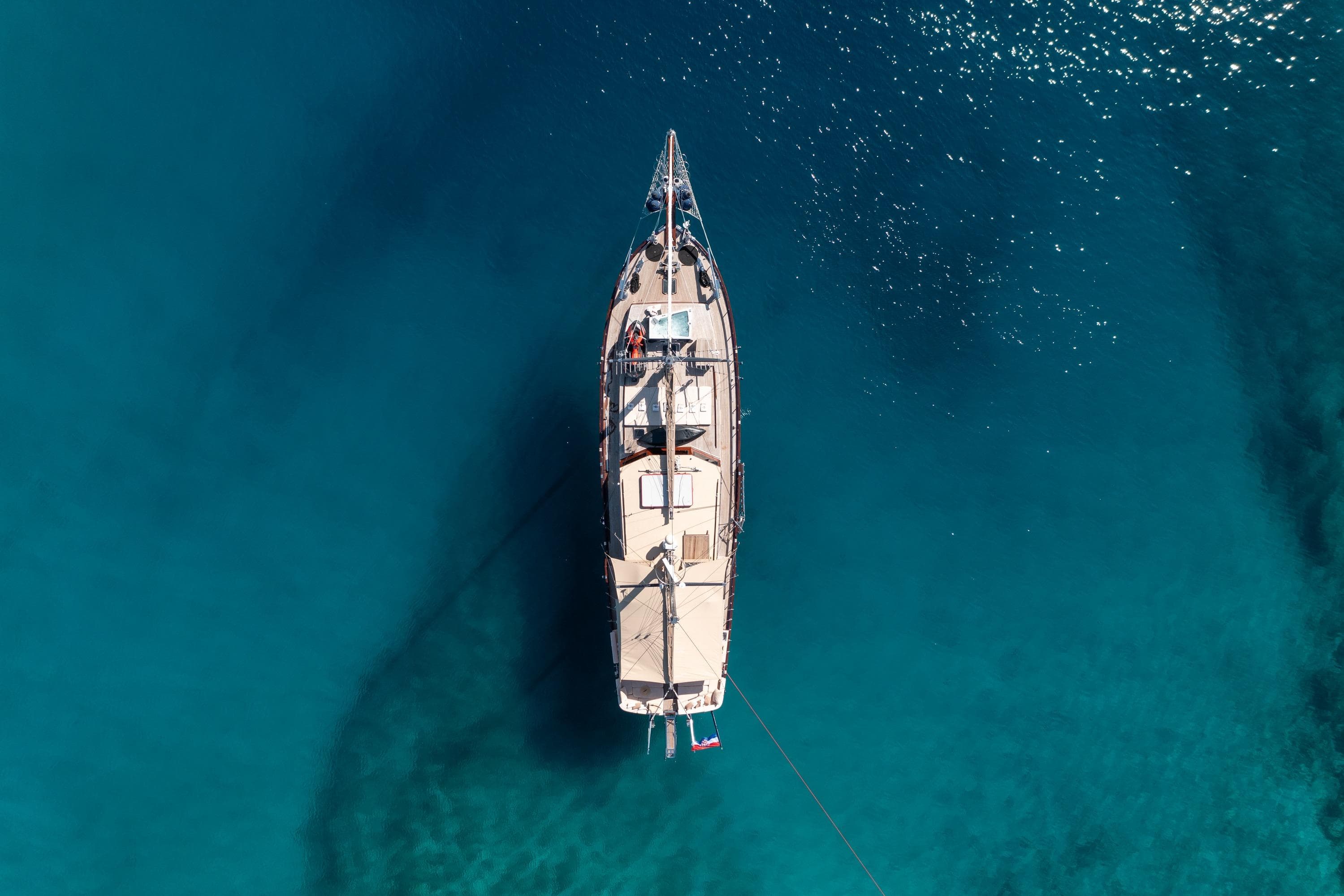 Aerial view of a 2000 Custom GULET yacht on clear blue water.