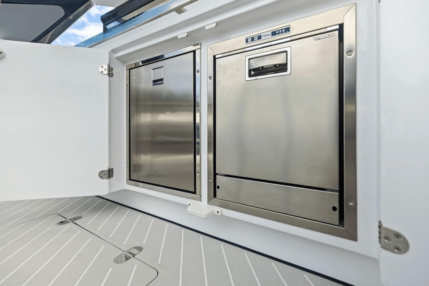 2026 Azimut Verve 48 yacht interior with stainless steel appliances and sleek design.