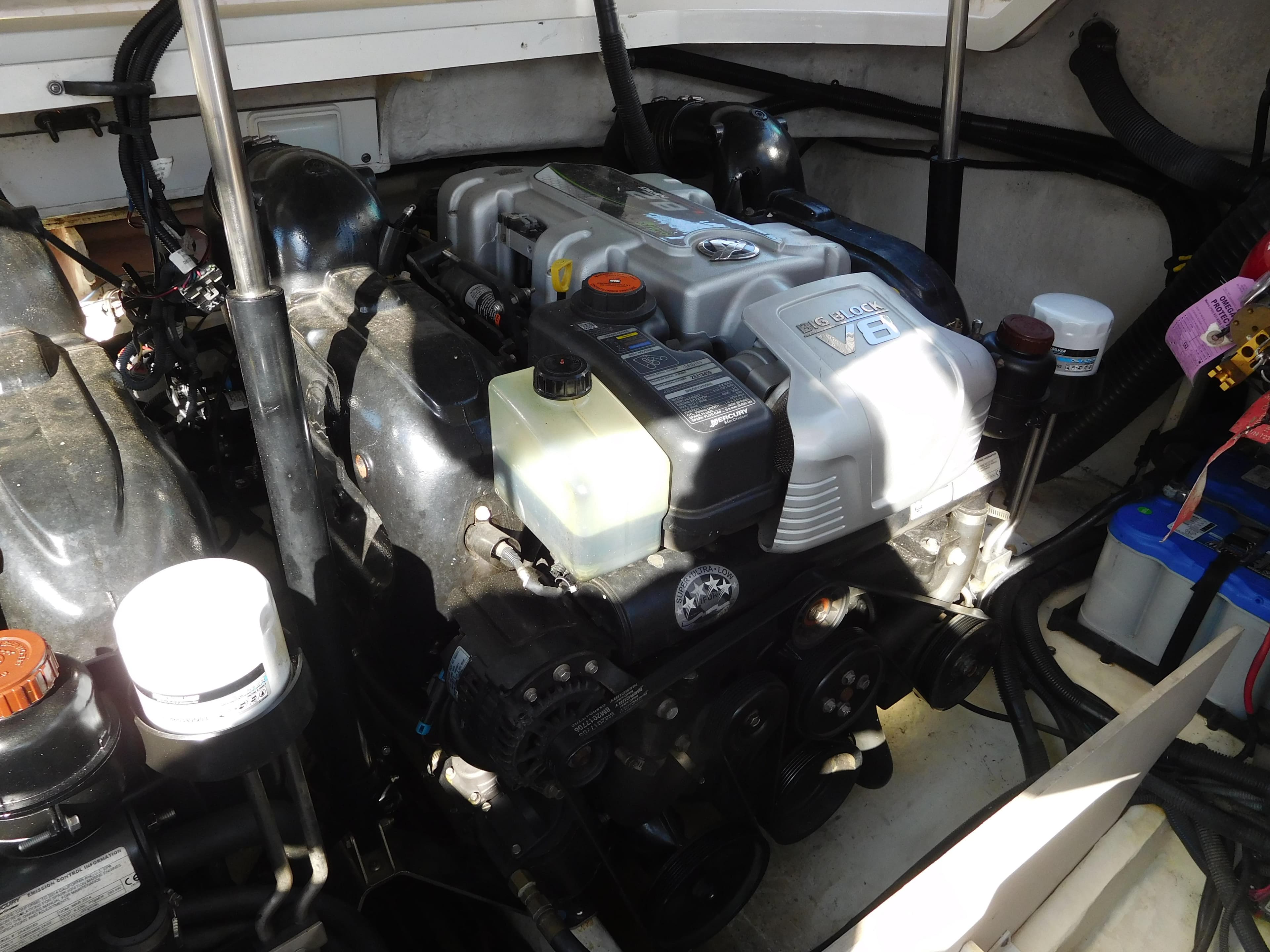2015 Sea Ray 350 SLX engine compartment with visible components and wiring.
