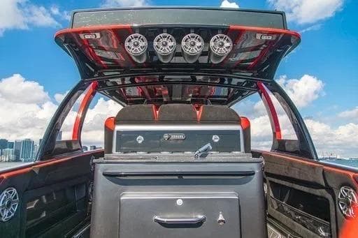 2021 Concept 44' Open Deck boat with sleek design and advanced audio system.