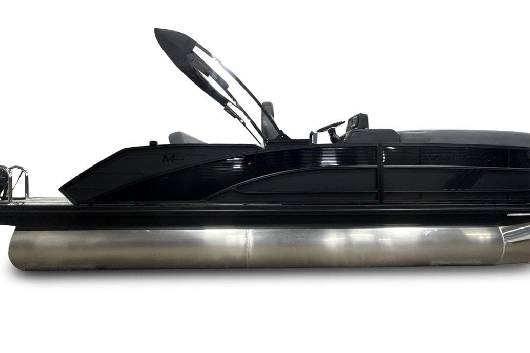 2026 Bennington 22 M Swingback pontoon boat, sleek black design, side view.