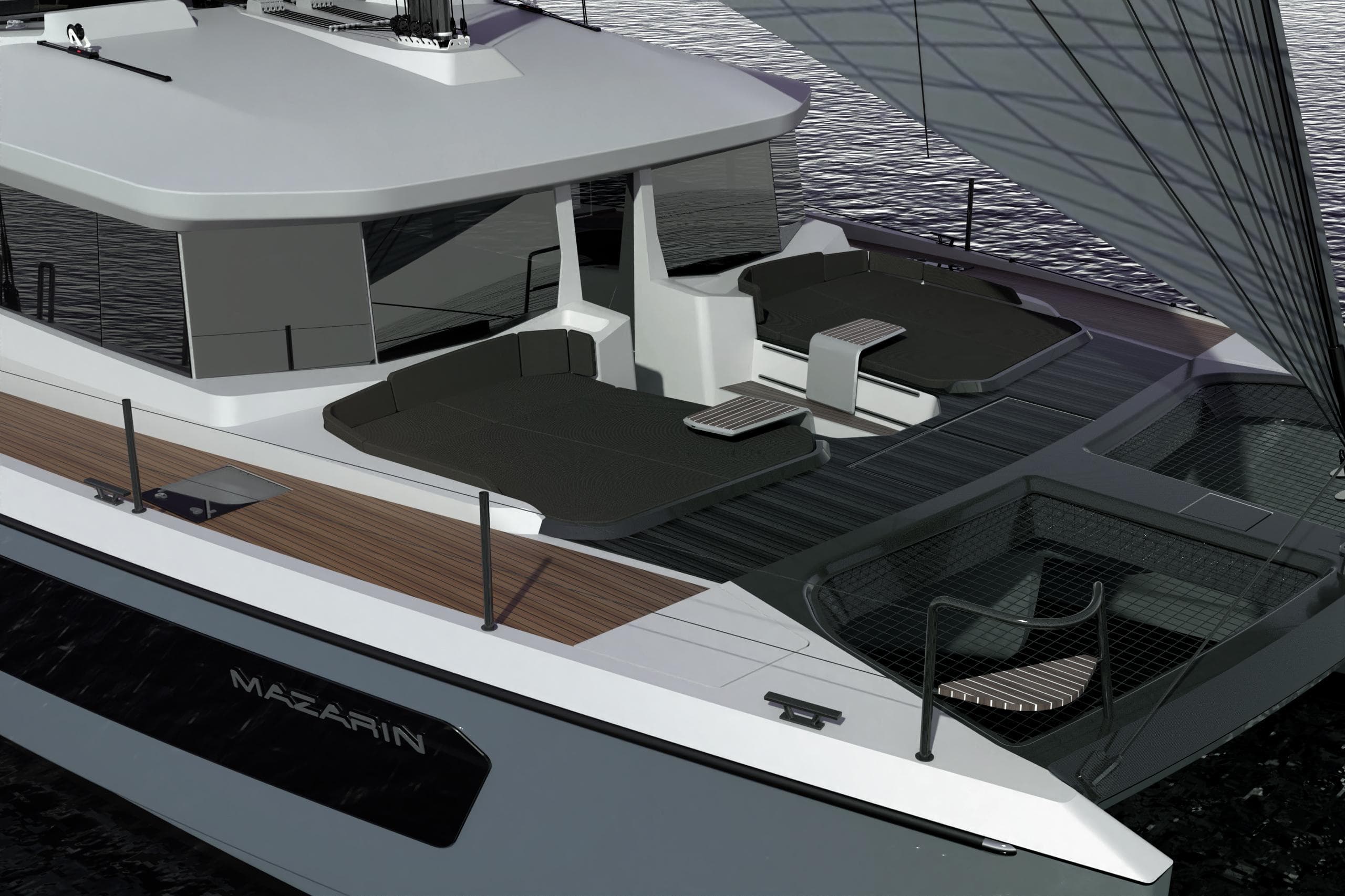 2025 Mazarin 55 Evo II Catamaran sailing on water, showcasing sleek design and spacious deck.