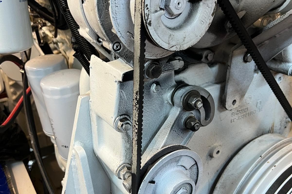 Close-up of engine components on 1993 Custom Sailing Yacht Ocean Pure.