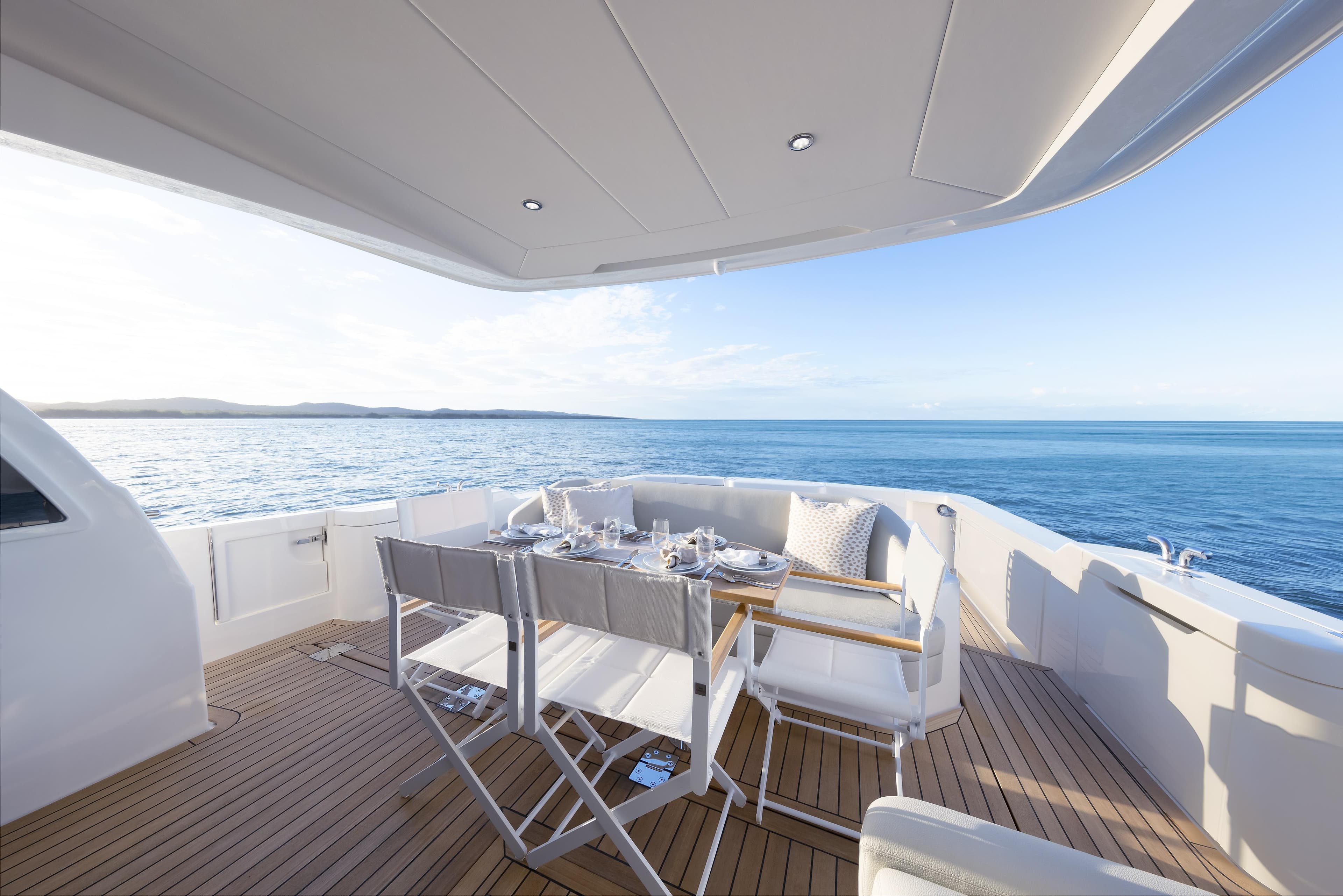 Luxury Maritimo M600 yacht deck with ocean view, 2026 model.