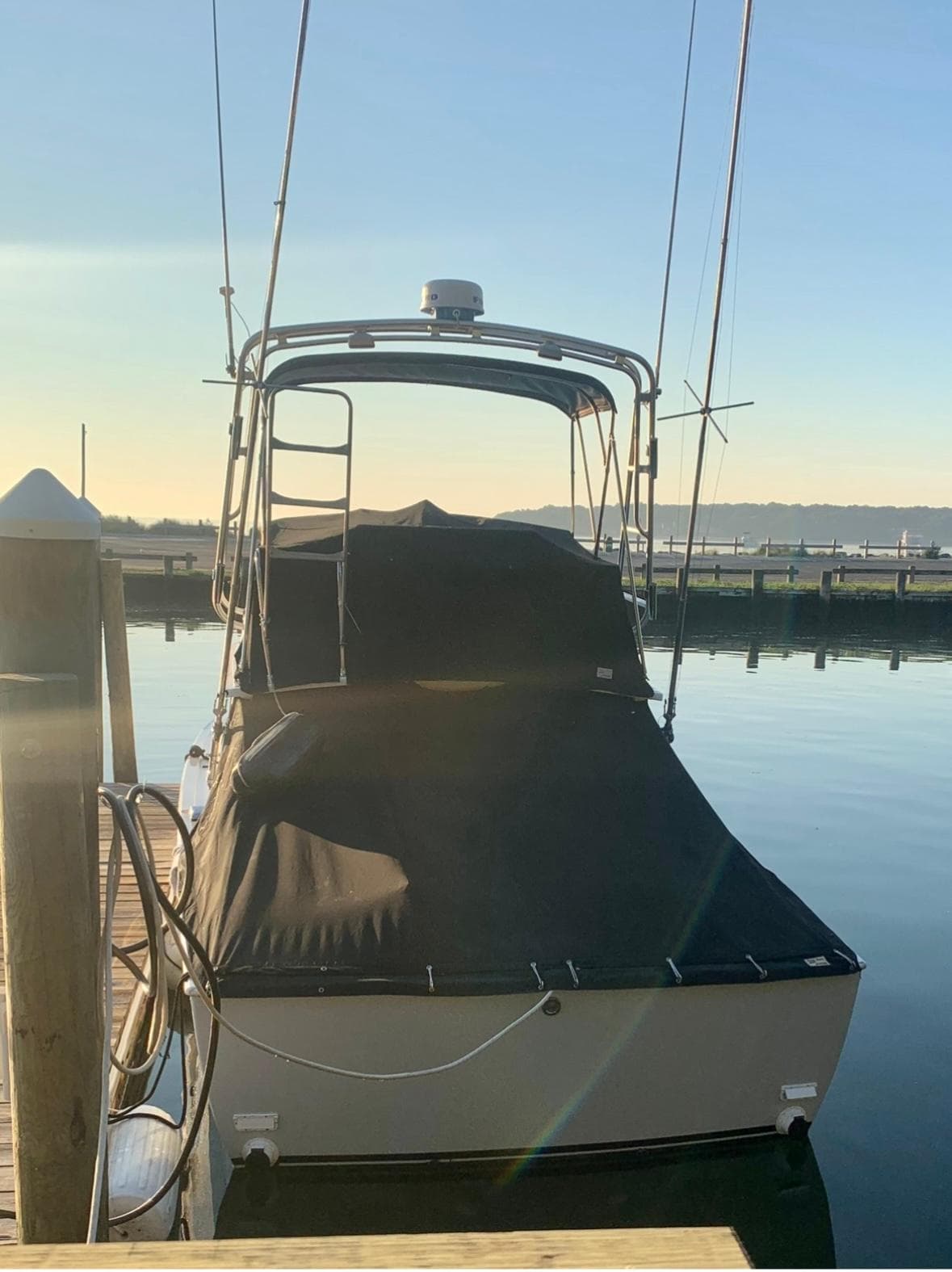 1973 Bertram 28 Sport Fisherman docked at sunrise, covered and ready for fishing.