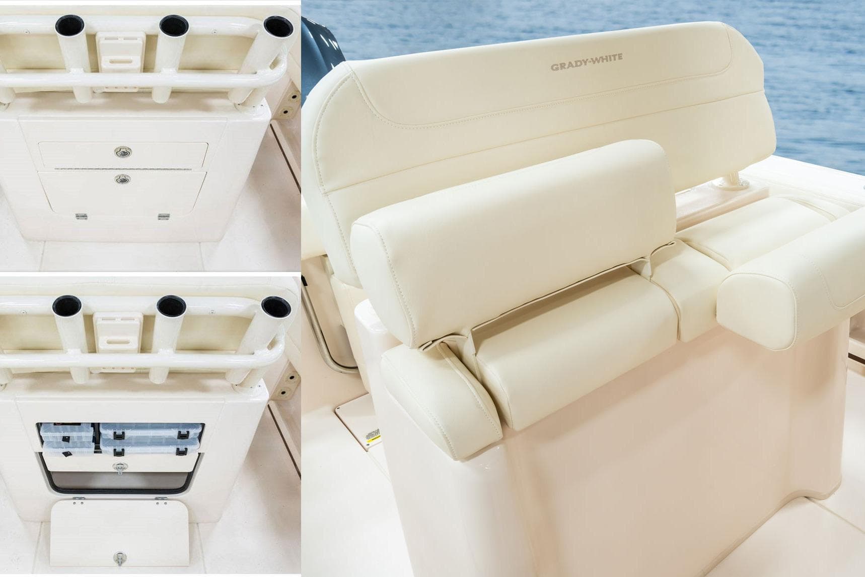 2026 Grady-White Fisherman 236 boat seating and storage compartments, featuring rod holders.