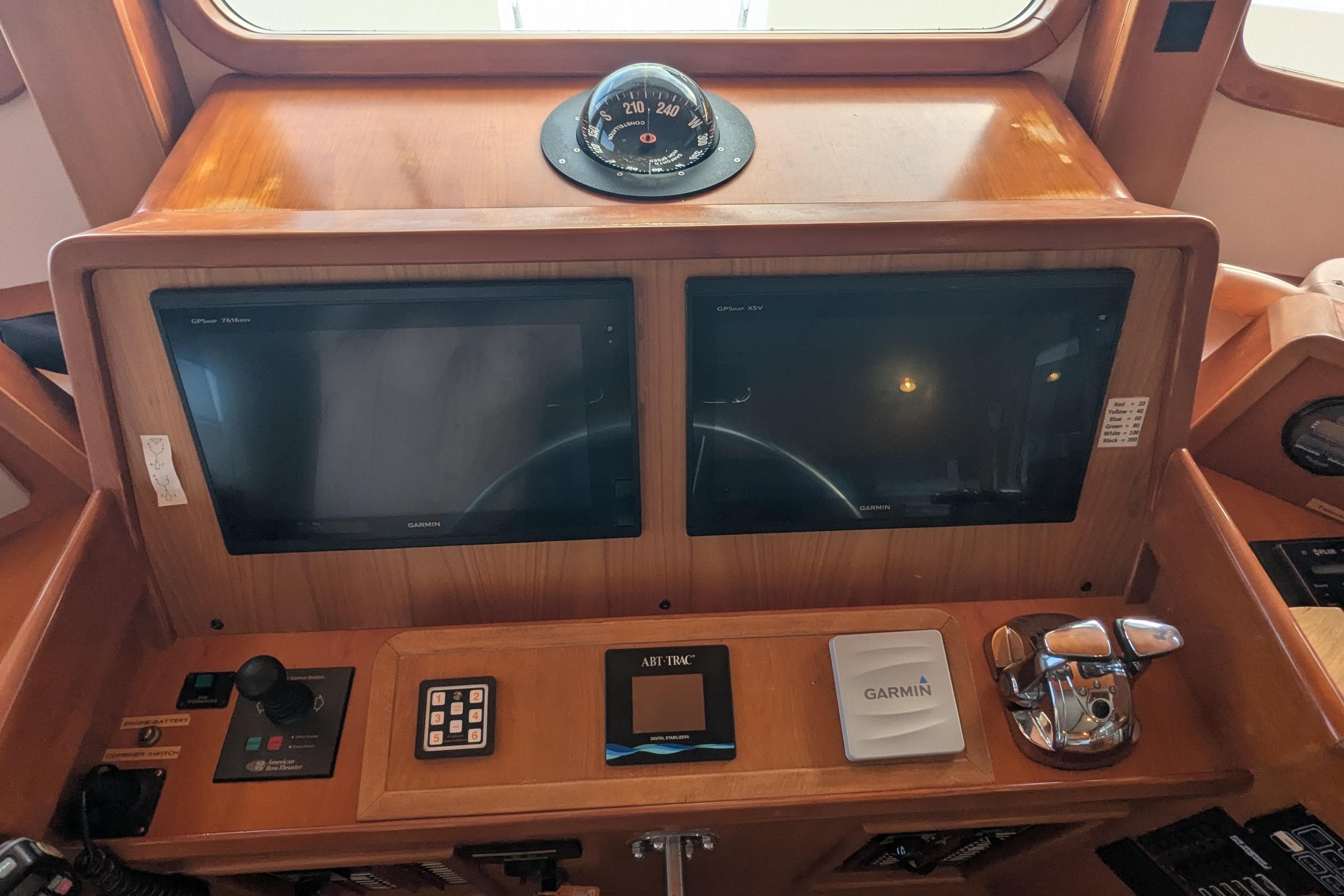 2005 Kadey-Krogen Pilothouse dashboard with Garmin screens and navigation controls.