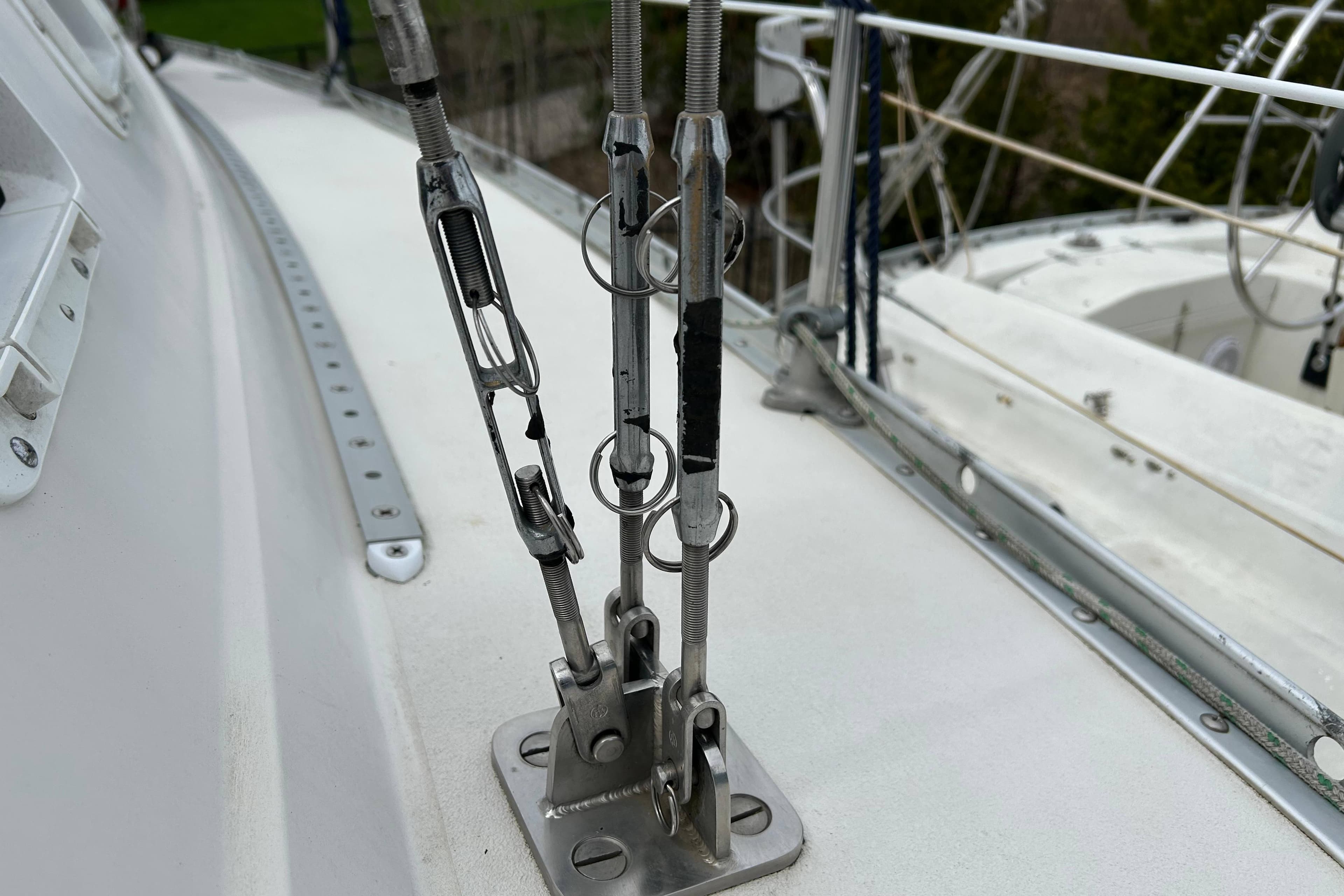 Close-up of rigging on a 1985 CS 30 sailboat deck.