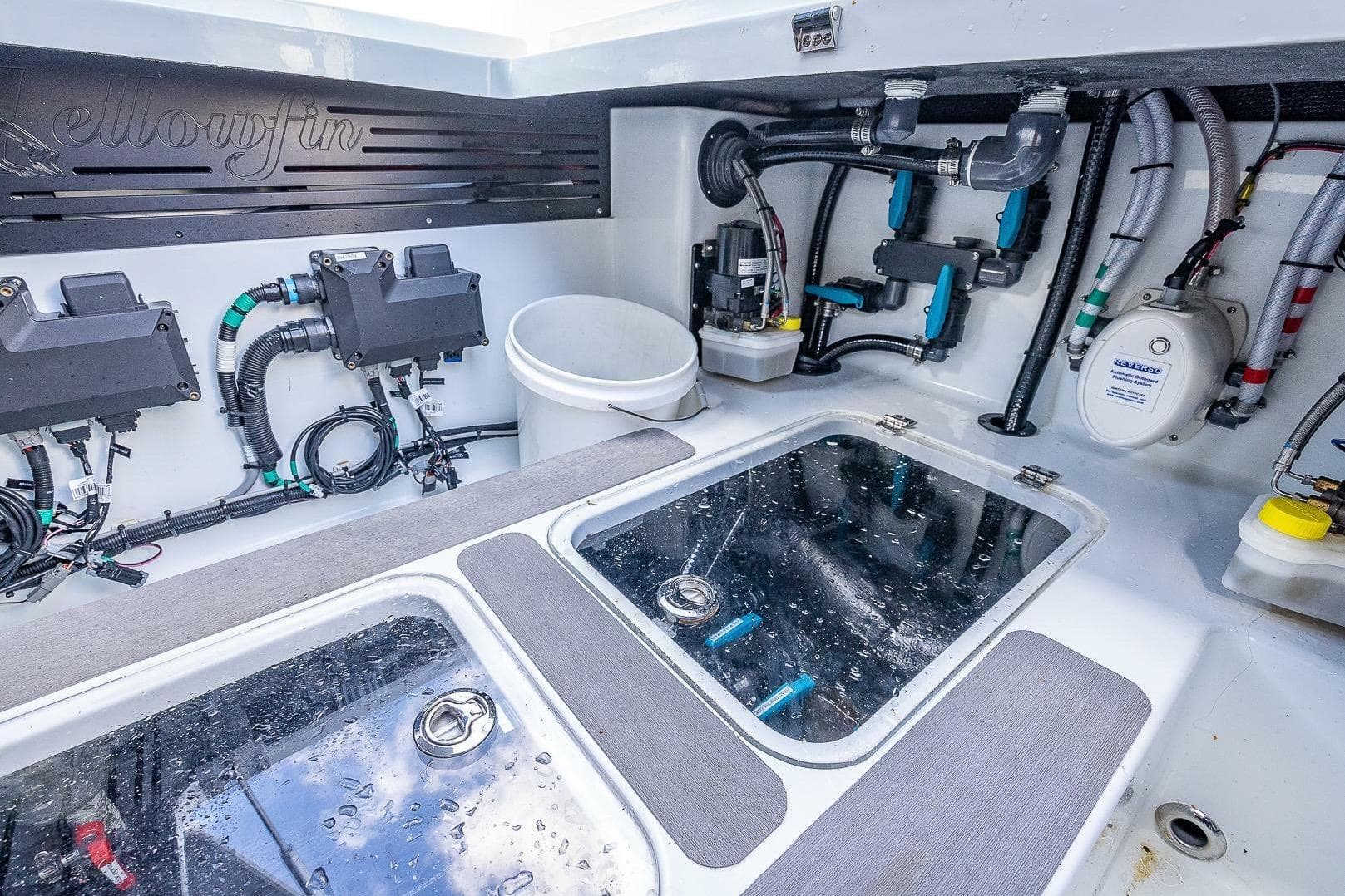 2024 Yellowfin 54 Offshore boat interior with advanced wiring and equipment.