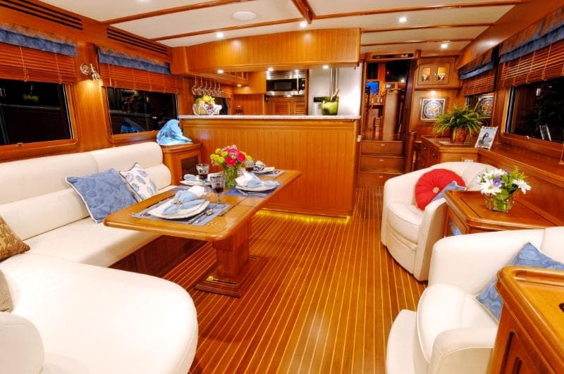 Luxurious interior of 2026 Selene 54 Classic Explorer yacht with elegant dining area.