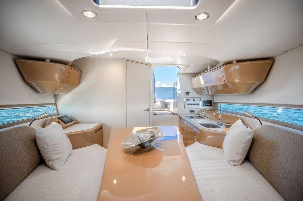 Luxurious interior of 2018 Canard Yachts eMotion HYBRID with modern design and comfortable seating.