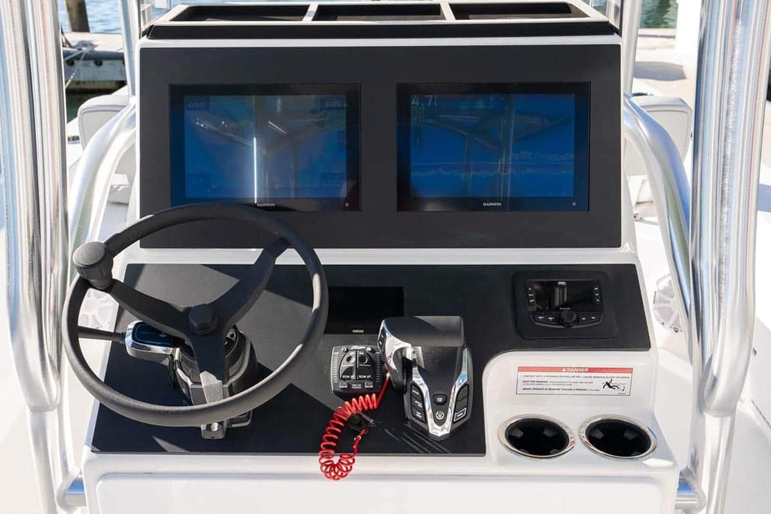 Manufacturer Provided Image: 2025 Bay Rider 269 Bay boat console with dual screens and steering wheel.