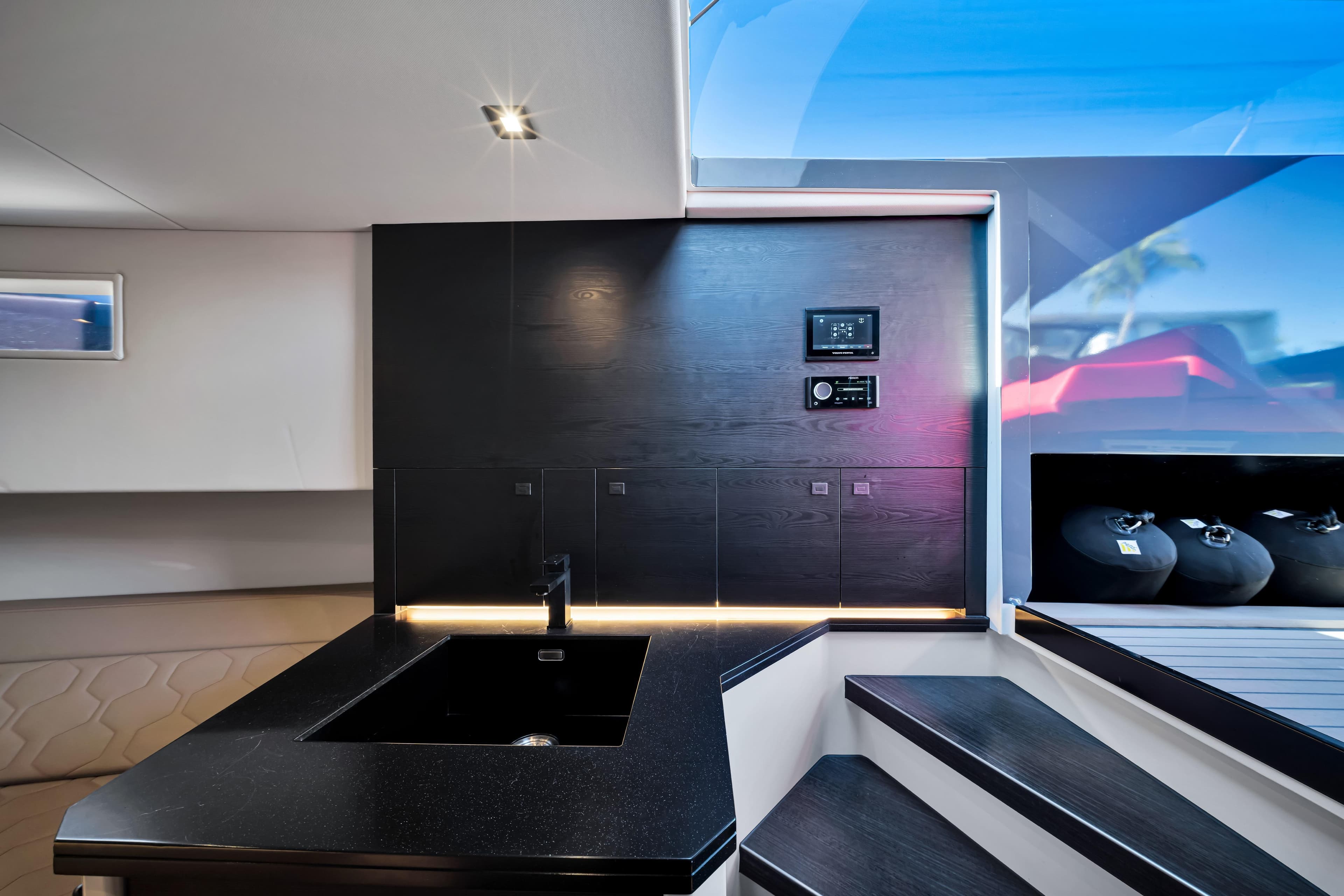 Modern interior of 2021 Vanquish Yachts 45, featuring sleek design and luxurious finishes.