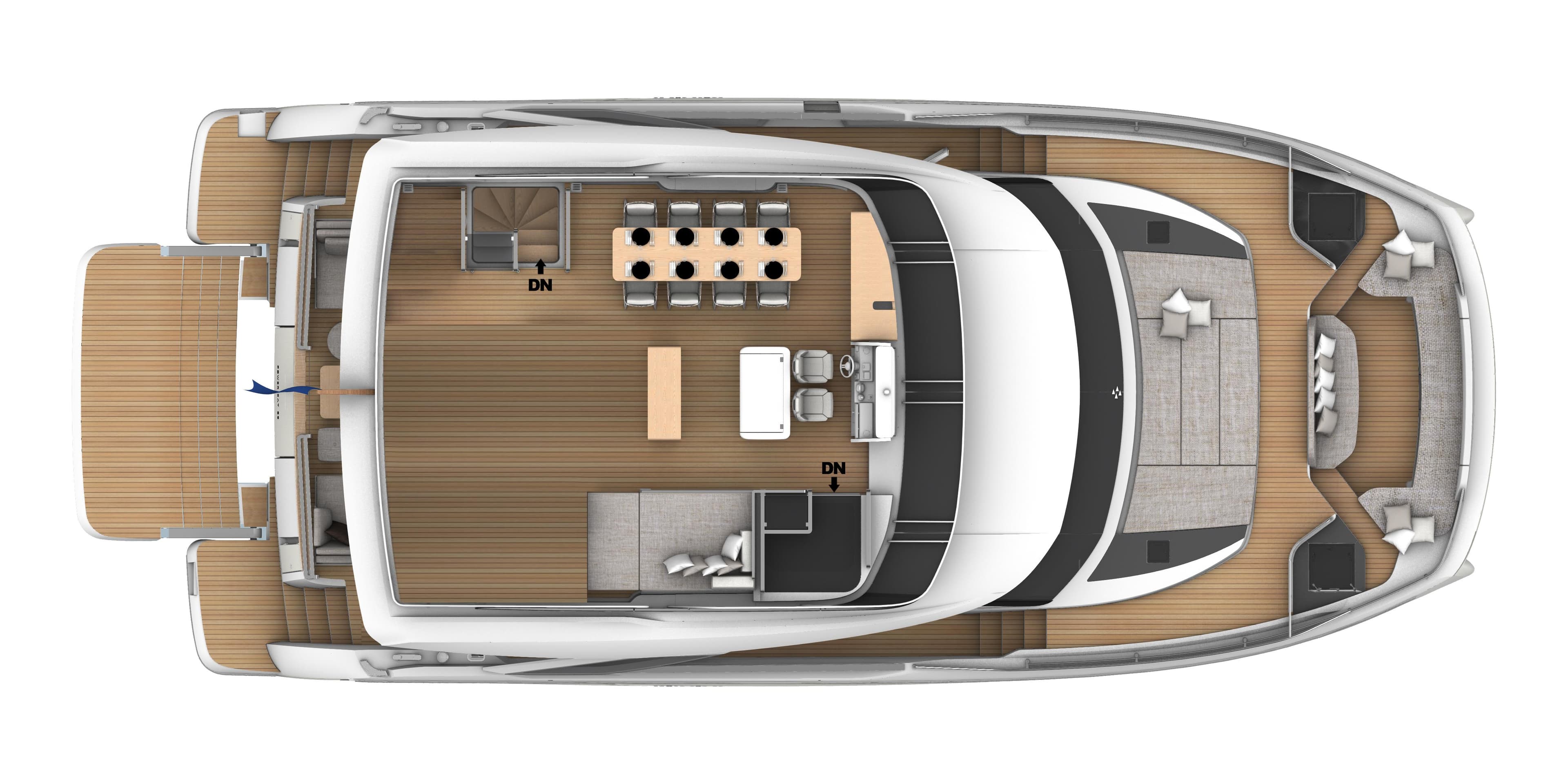 Top view of 2025 Prestige M8 yacht layout with spacious deck and modern interior design.